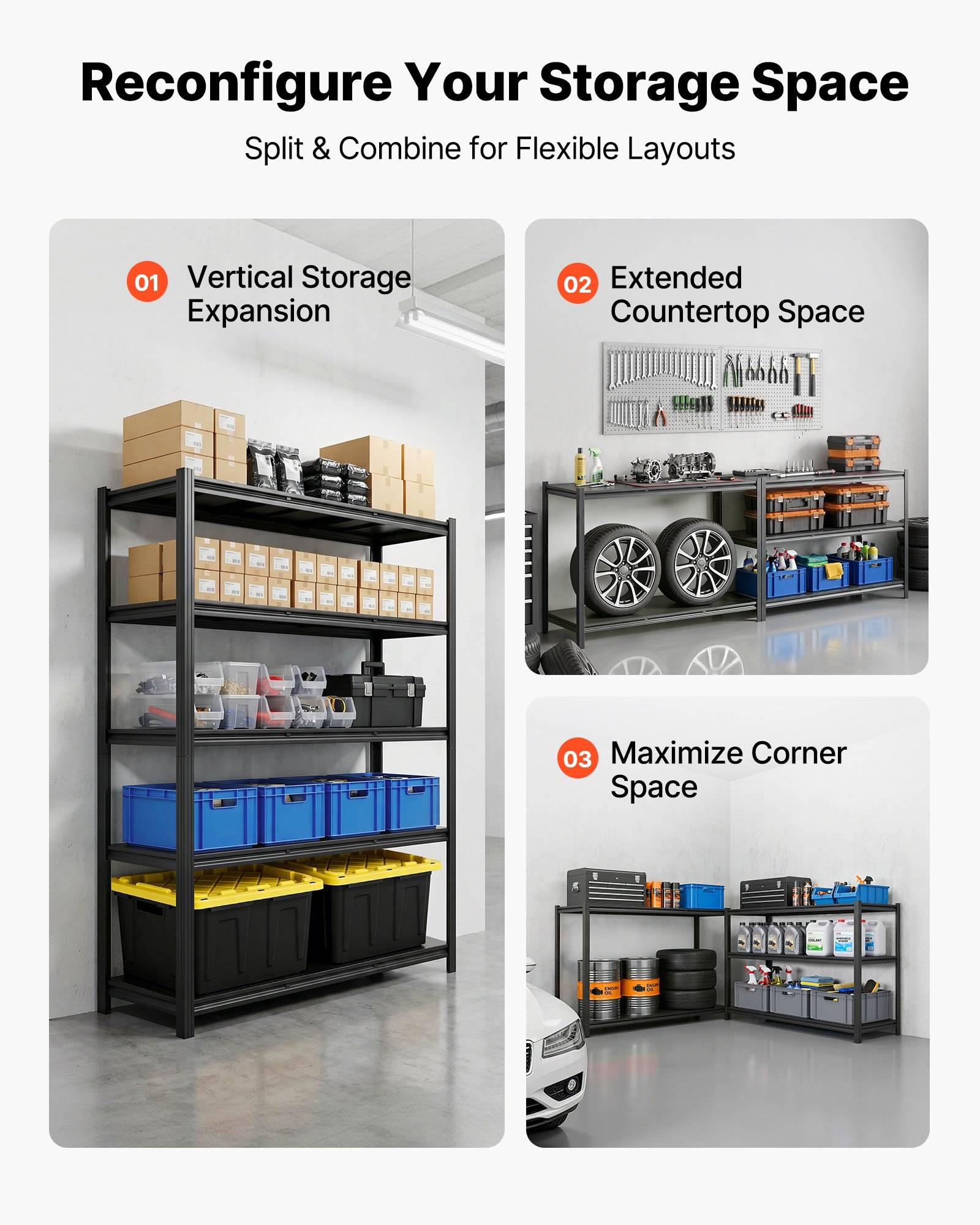 Infografik zur Umkonfiguration von Lagerborden: vertikale Lagererweiterung, erweiterte Arbeitsfläche und optimierte Ecknutzung in einer Garage oder Werkstatt.