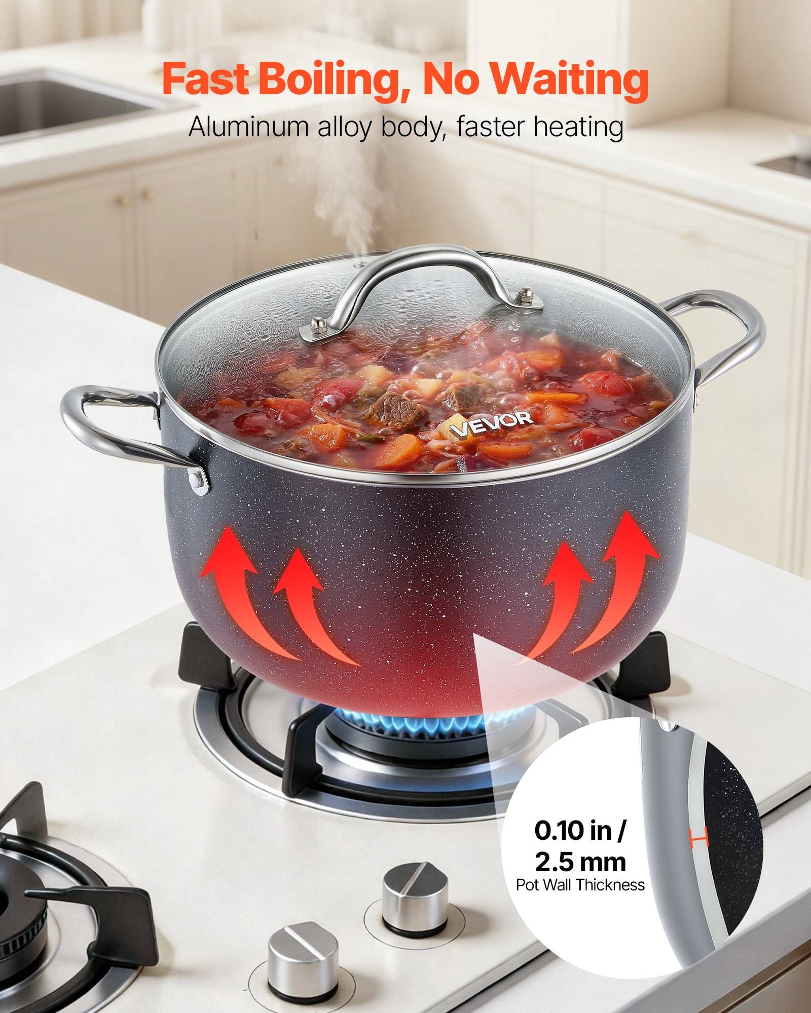 Die Anzeige zeigt einen abgedeckten Aluminiumlegierungs-Suppentopf auf einem Gasherd mit dem Text „Schnelles Kochen, kein Warten" und „0,10 Zoll / 2,5 mm Topfwandstärke"" und hebt die schnelle Erwärmung hervor.