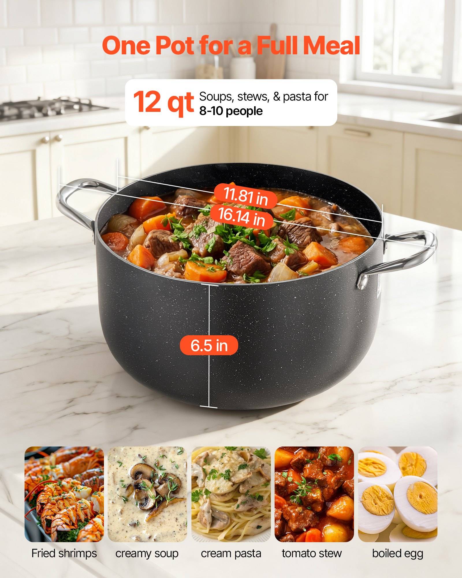 Produktbild eines 12-Liter-Topfes mit der Aufschrift „Ein Topf für eine vollständige Mahlzeit", geeignet für 8-10 Personen, mit Größenmessungen und Beispielgerichten wie Garnelen, Suppe, Pasta, Eintopf und Eier.