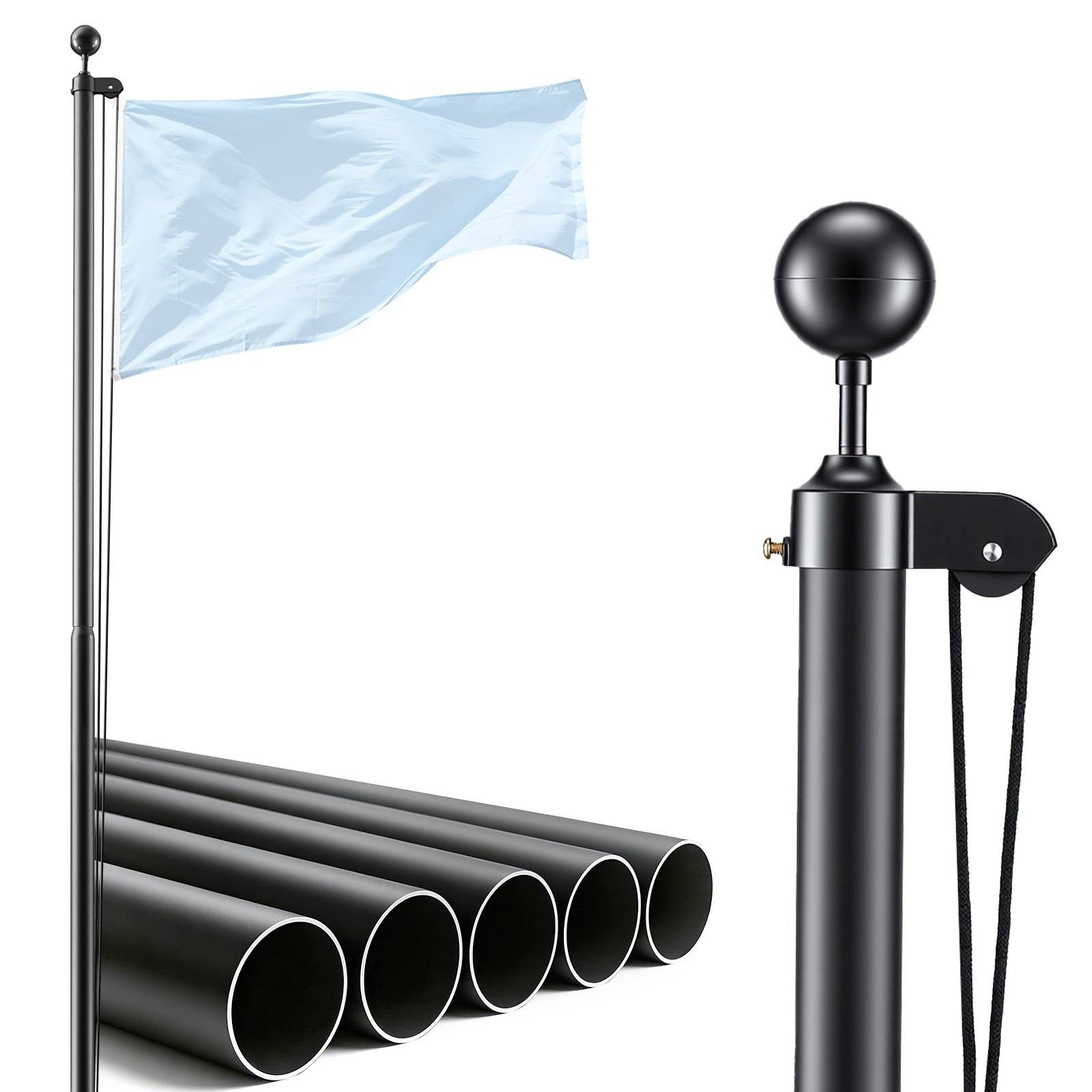 Schwarzes modulares Flaggenmast-Set mit Basis, fünf Rohrabschnitten und einer hellblauen Flagge auf weißem Hintergrund.