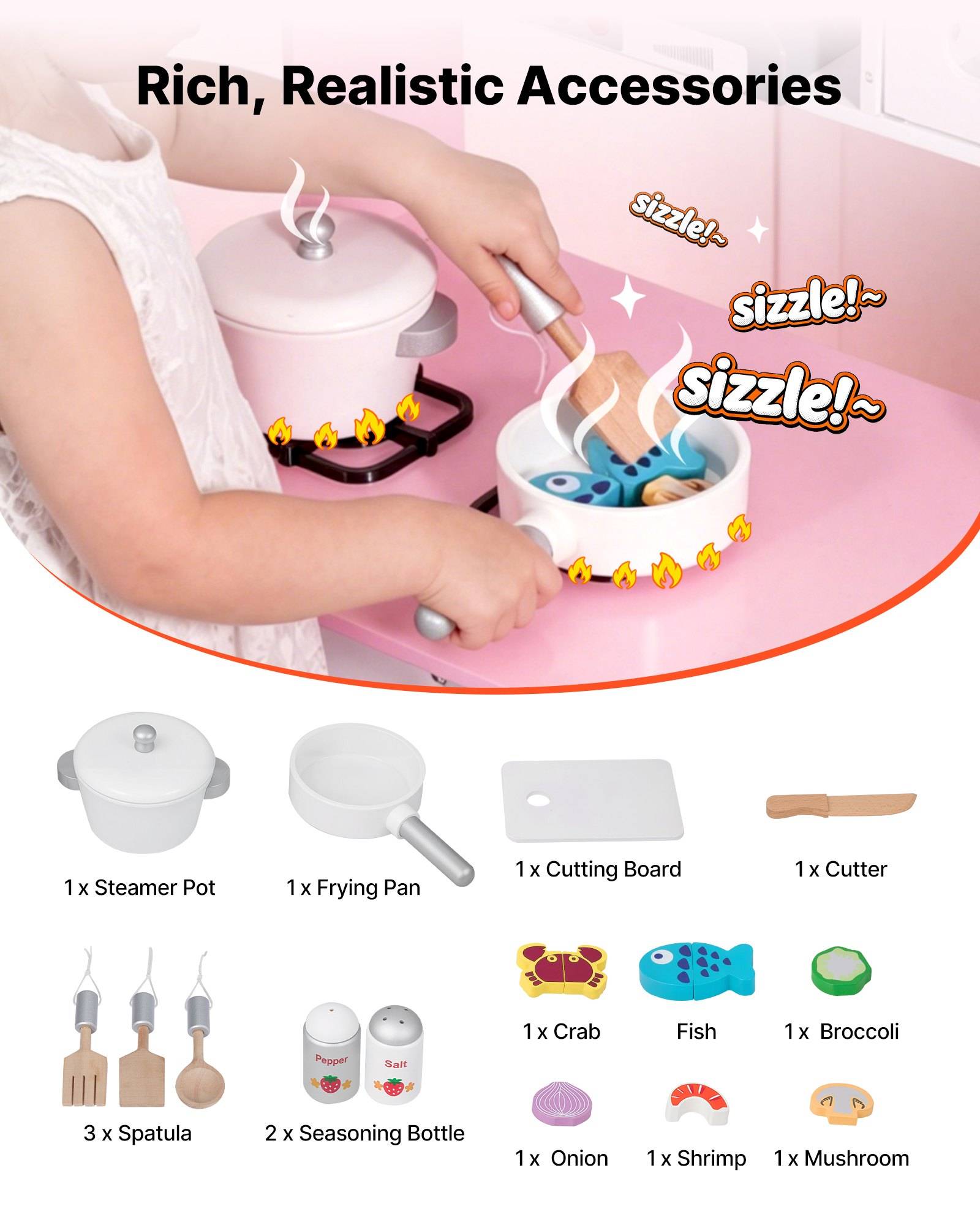 Spielküchen-Spielset-Anzeige, die ein Kind zeigt, das mit einem Dampftopf, einer Bratpfanne, Spatel und Lebensmittelstücken kocht; der Text sagt „Reichhaltige, realistische Zubehörteile".
