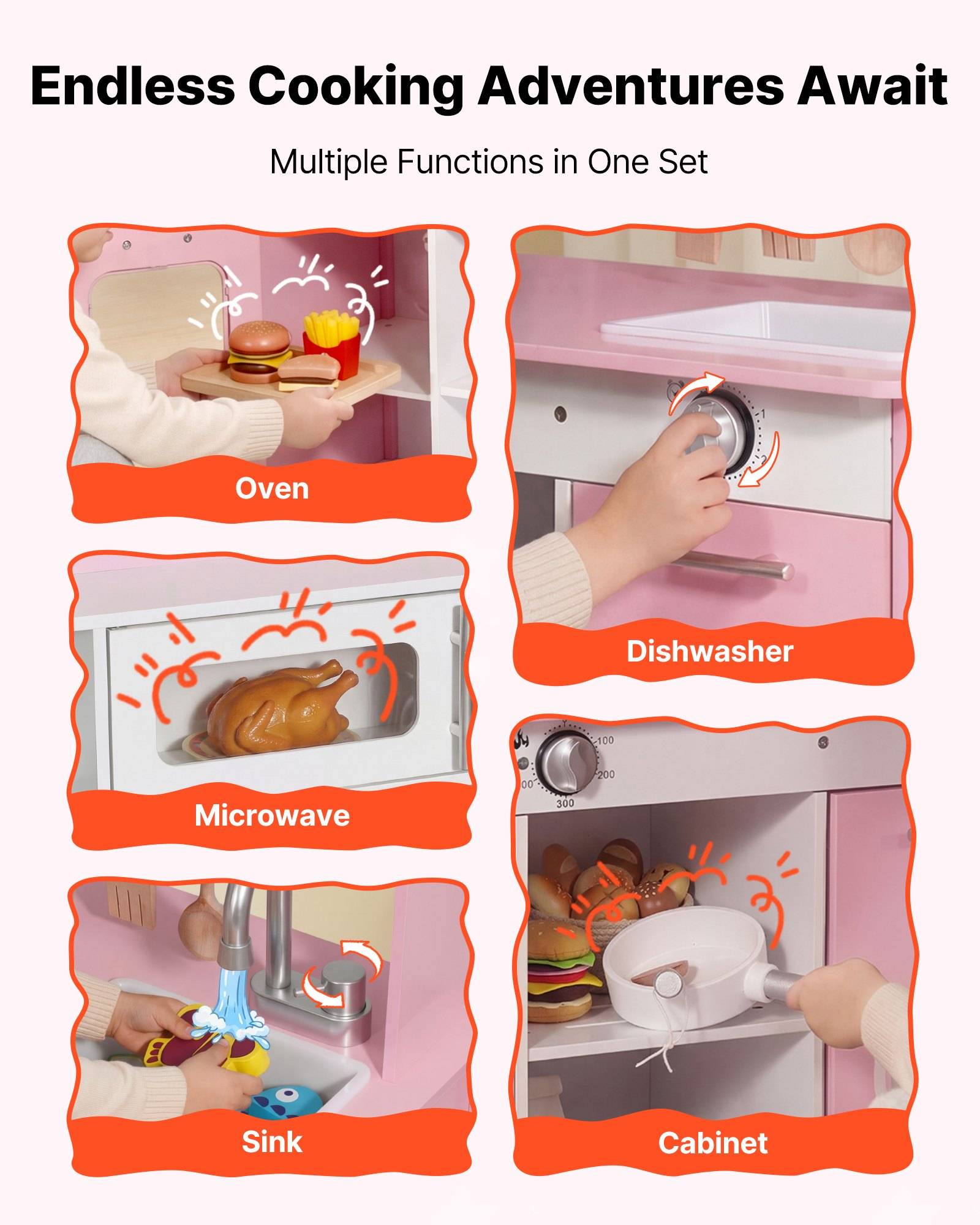 Spielküchen-Set mit Ofen, Geschirrspüler, Mikrowelle, Spüle und Schrank, mit der Überschrift „Endlose Kochabenteuer erwarten dich" und „Mehrere Funktionen in einem Set"".