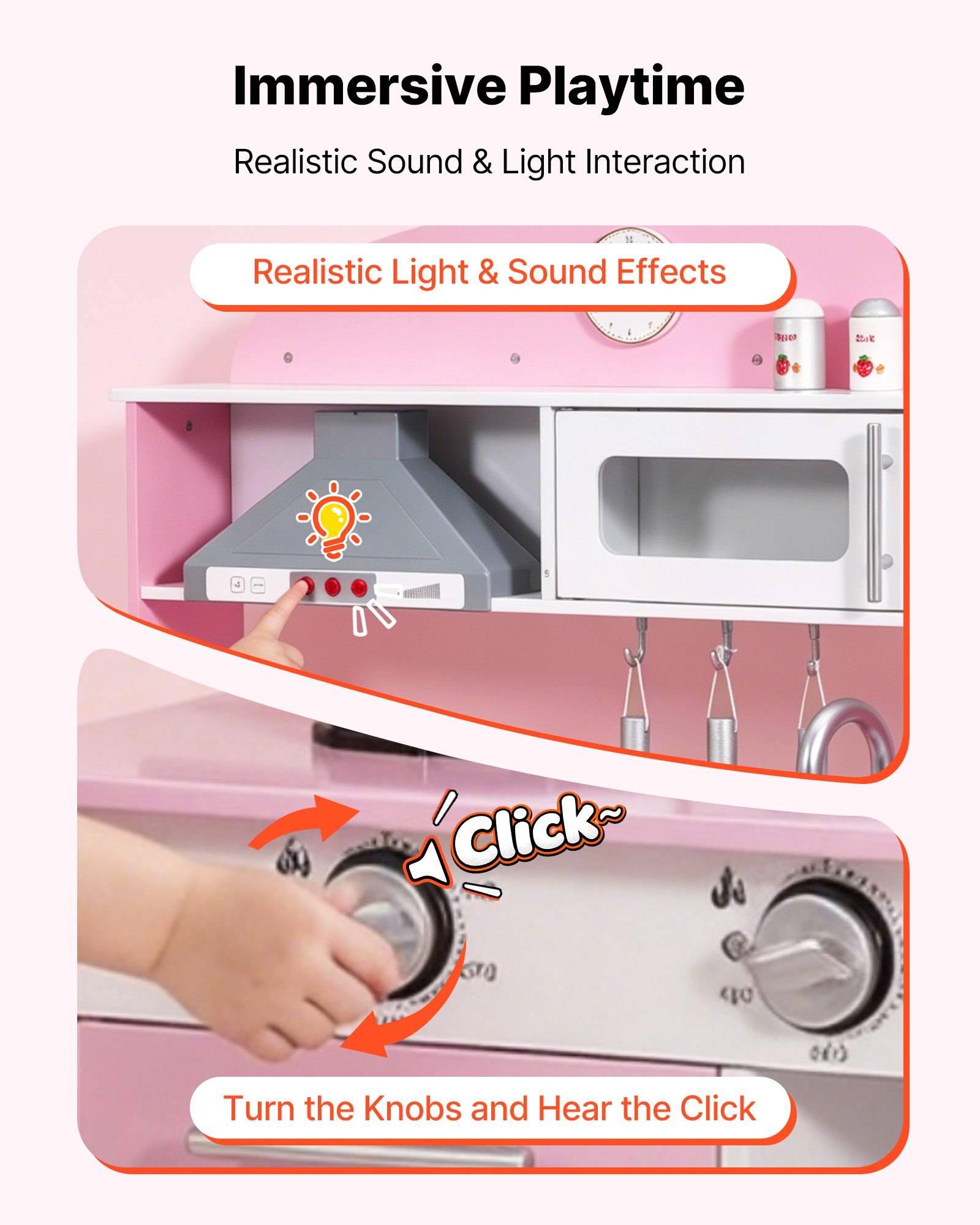 Darstellung einer rosa Spielküche, die immersives Spielen mit Licht- und Soundeffekten zeigt; ein Kind drückt eine Knopf am Herd und dreht an einem Regler, um ein Glühbirnensymbol und ein „Klick"-Geräusch auszulösen.