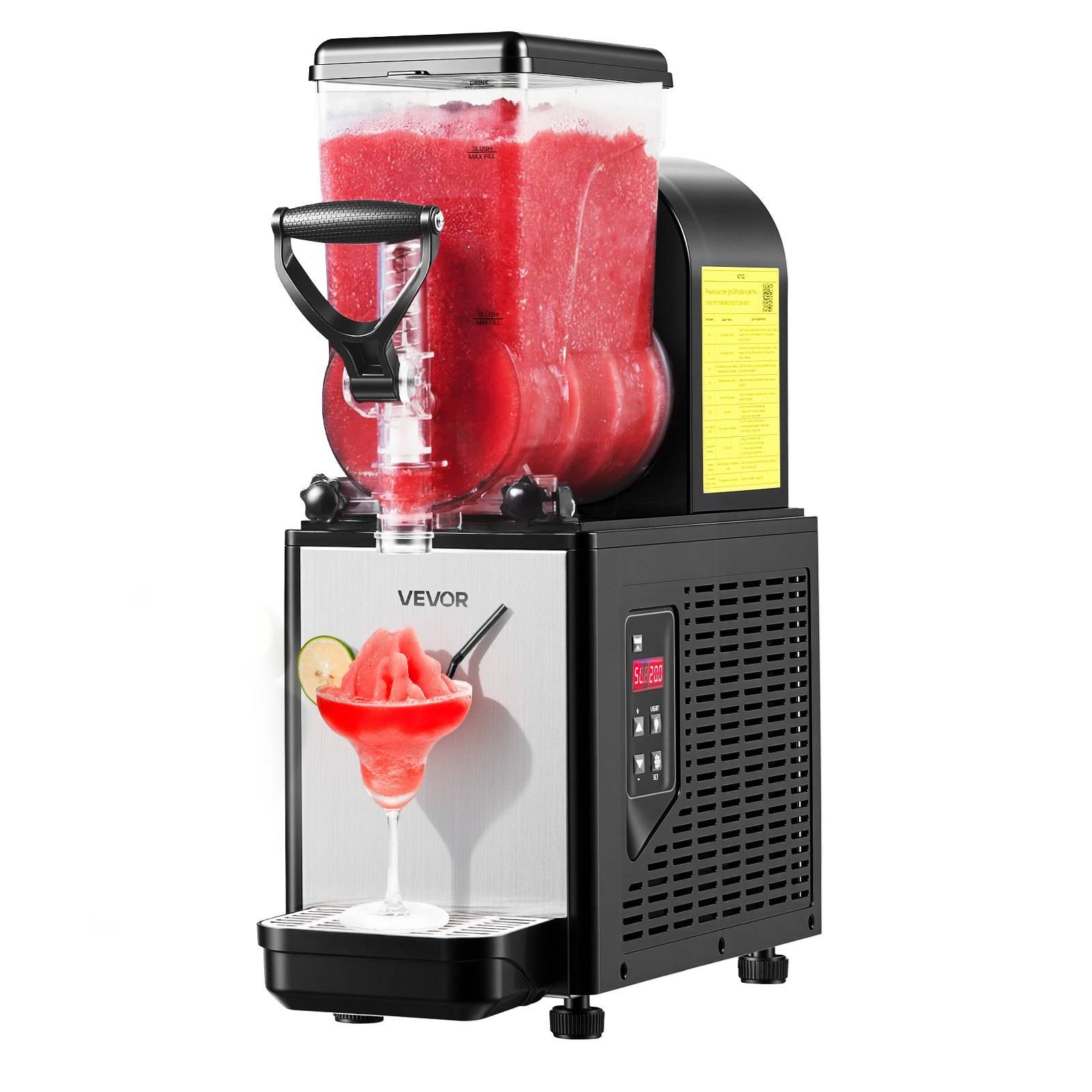 Kommerzielle Slushmaschine mit durchsichtigem oberen Tank voller rotem gefrorenen Getränk und Ausgabehahn, der ein Margarita-ähnliches Glas darunter füllt