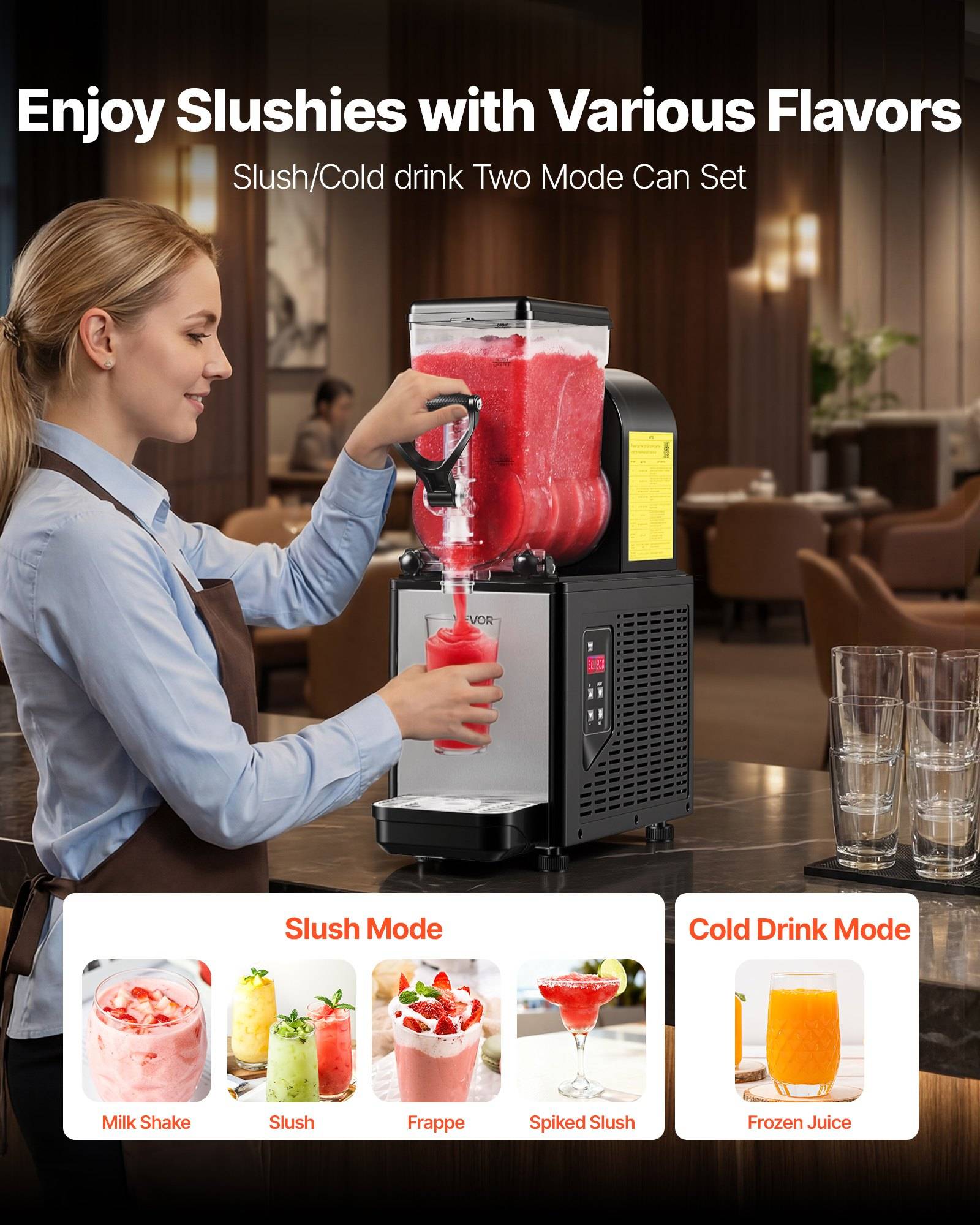 Eine Frau gießt einen roten Slushie aus einer Thekengefrierschrank-Maschine; der Anzeigentext lautet „Genießen Sie Slushies in verschiedenen Geschmacksrichtungen" und zeigt Slushie- und Kaltgetränk-Modi mit beispielhaften Getränken.