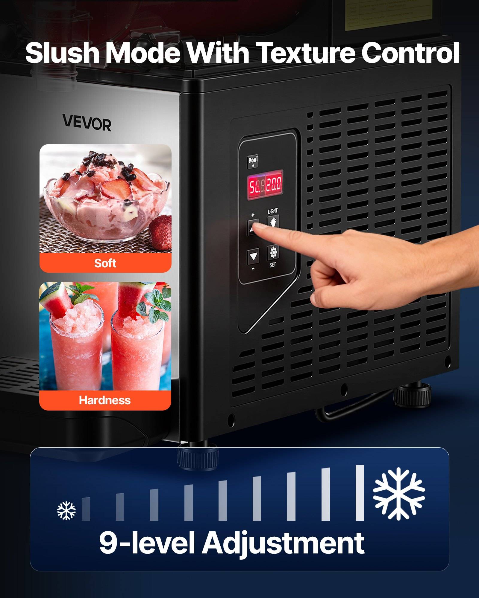 Vevor Slush-Maschine mit digitalem Touchscreen und 9-stufiger Texturregelung, zeigt Einstellungen für weiches und hartes Getränk für gefrorene Getränke.