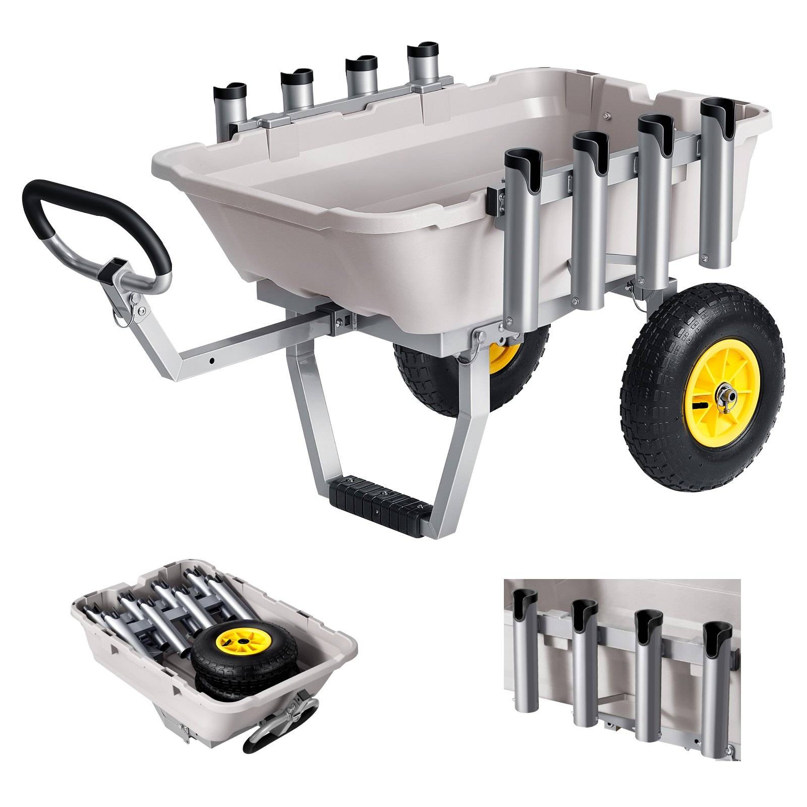 Klappbarer Gartenwagen mit großen Rädern, Zuggriff und mehreren Rutenhaltern; Detailansichten zeigen ihn zusammengeklappt und das Detail des Seitenhalters.