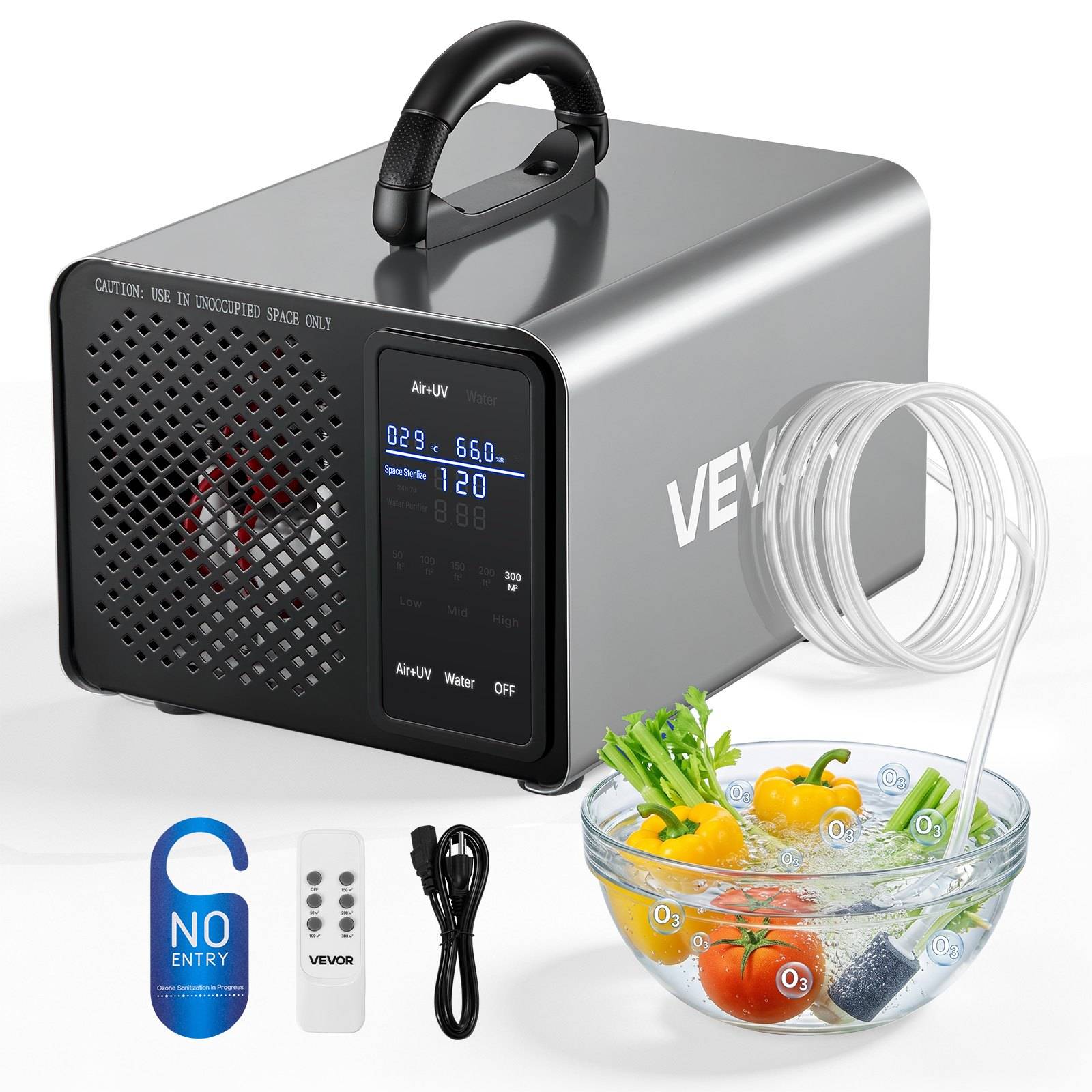Tragbarer VEVOR-Ozongenerator mit Griff, digitales Display, Schläuche, Fernbedienung, Stromkabel und eine Schale mit ozongbehandeltem Gemüse.