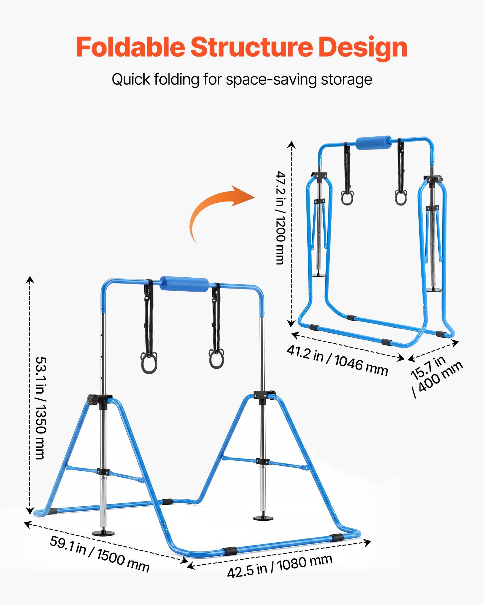 Diagramm eines zusammenklappbaren Schaukelrahmens mit Aufbau und gefalteter Lagerung; die angegebenen Abmessungen sind 53,1 x 59,1 x 42,5 Zoll im offenen Zustand und 47,2 x 41,2 x 15,7 Zoll im zusammengeklappt.