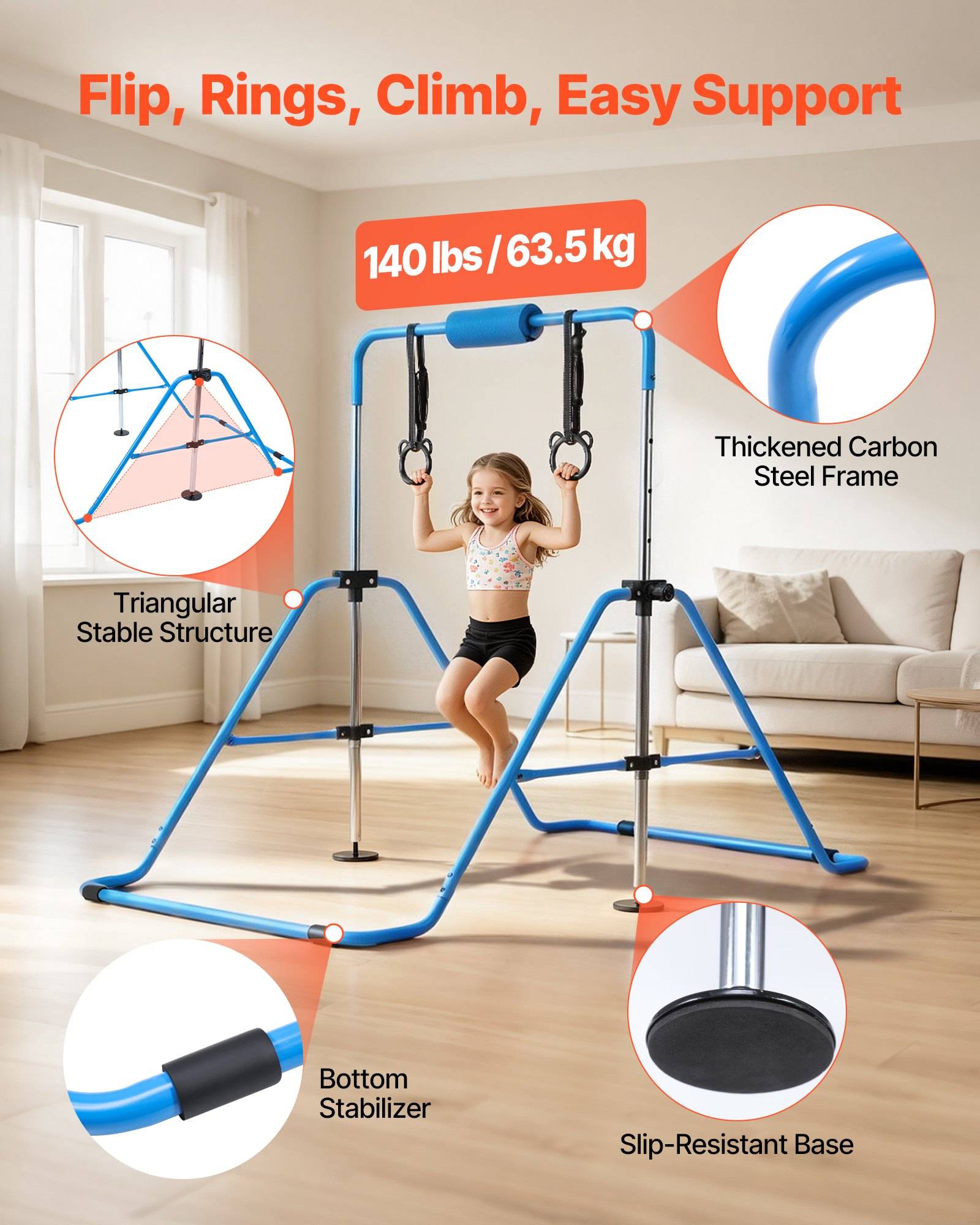 VEVOR Gymnastikstange für Kinder mit 63,5 kg Tragkraft, Klappbares Turnreck mit Turnringen, Höhenverstellbare Turnstange für Indoor- und Outdoor-Tr
