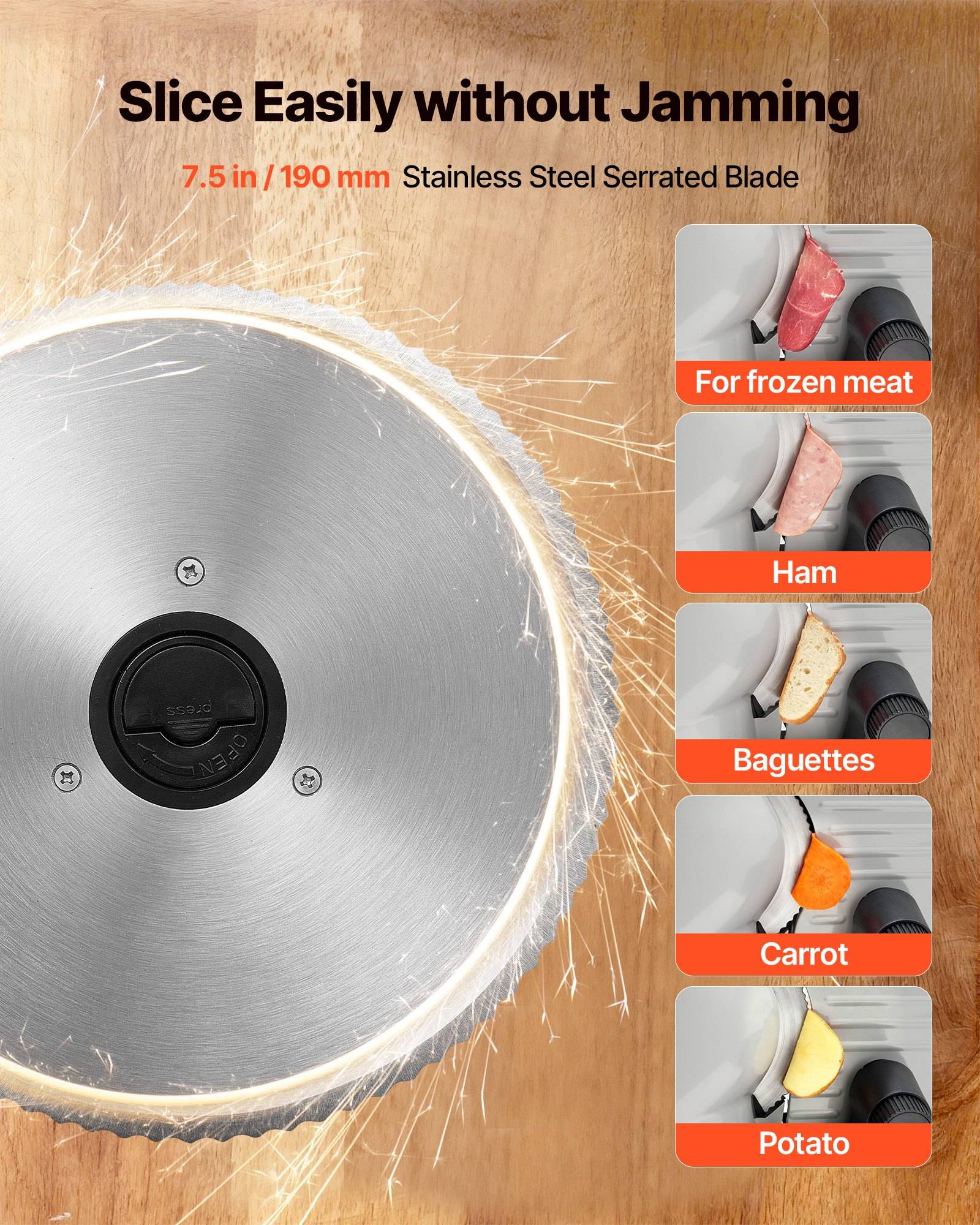 Werbung für ein 19 cm/7,5 Zoll Edelstahl-Wellenschliffmesser, das mühelos schneidet, ohne zu klemmen, gezeigt beim Schneiden von gefrorenem Fleisch, Schinken, Baguettes, Karotte und Kartoffel.