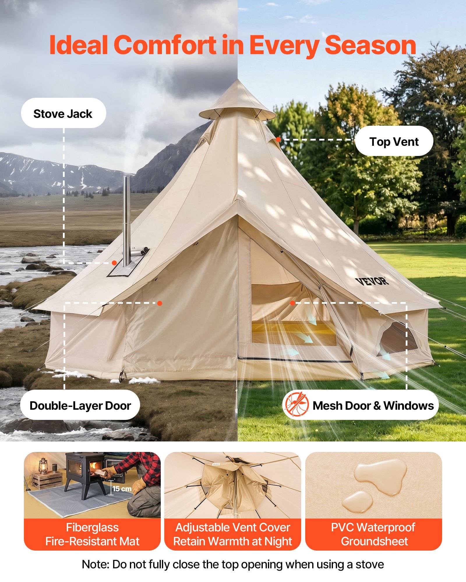 Werbebild eines beigen Tipi-Zelts im Freien mit Beschriftungen, die eine Ofenklappe, eine obere Belüftung, eine Doppelschicht-Tür, Mesh-Türen und Fenster sowie eine wasserdichte, feuerbeständige Matte und einen Bodenbelag hervorheben.