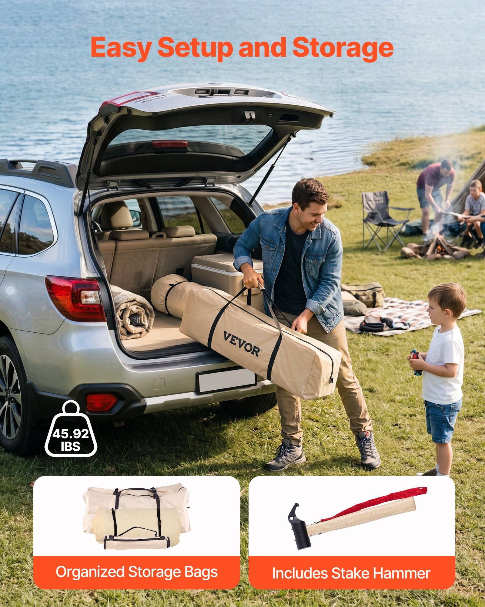 Mann, der eine Zelttasche in einen SUV an einem Campingplatz am See lädt, mit Text "Einfache Einrichtung und Lagerung"" und Funktionsaufrufen für ""Organisierte Aufbewahrungstaschen"" und ""Inklusive Heringsmeißel"".
