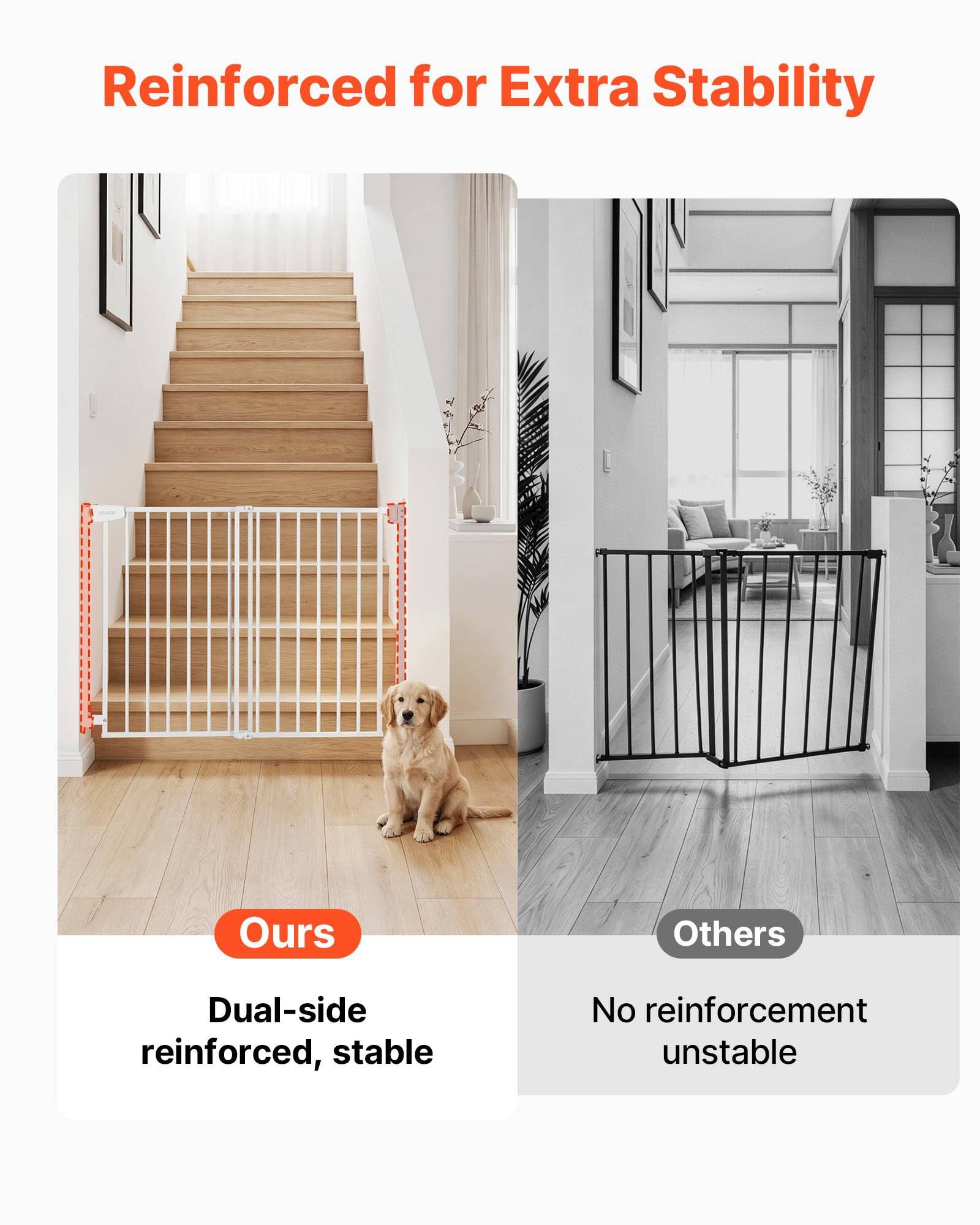 Vergleichsgrafik, die ein Hundetor an einer Treppe zeigt: „Unseres" verfügt über doppelseitige Verstärkung für Stabilität, während „Andere"" nicht verstärkt und instabil sind.