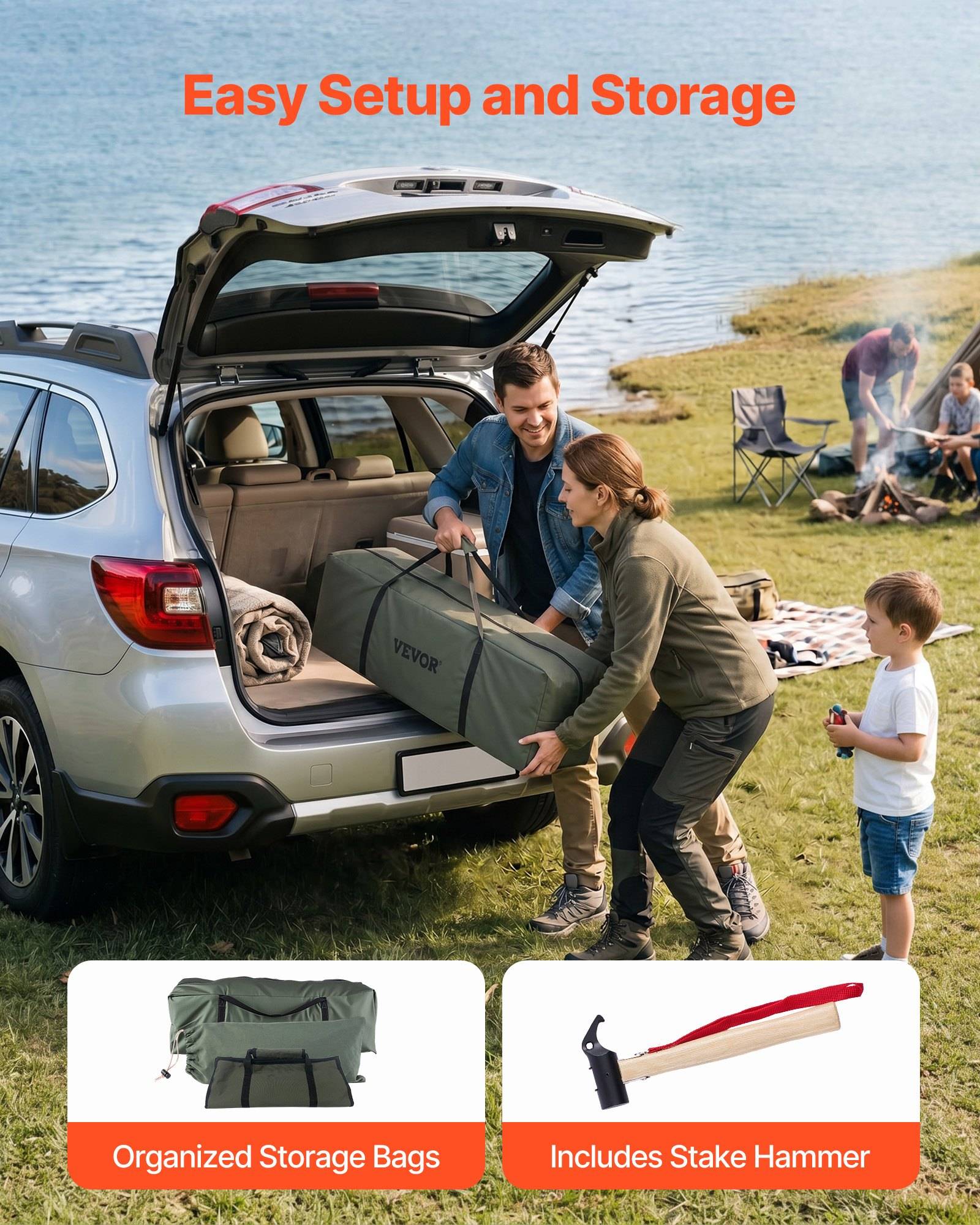 Familie lädt eine grüne Zusammenklapp-Ausrüstungstasche in einen SUV auf einem Campingplatz am See; der Text besagt "Einfacher Aufbau und Lagerung"" und zeigt ""Organisierte Aufbewahrungstaschen"" und ""Einschließlich Hammer für Heringe"".