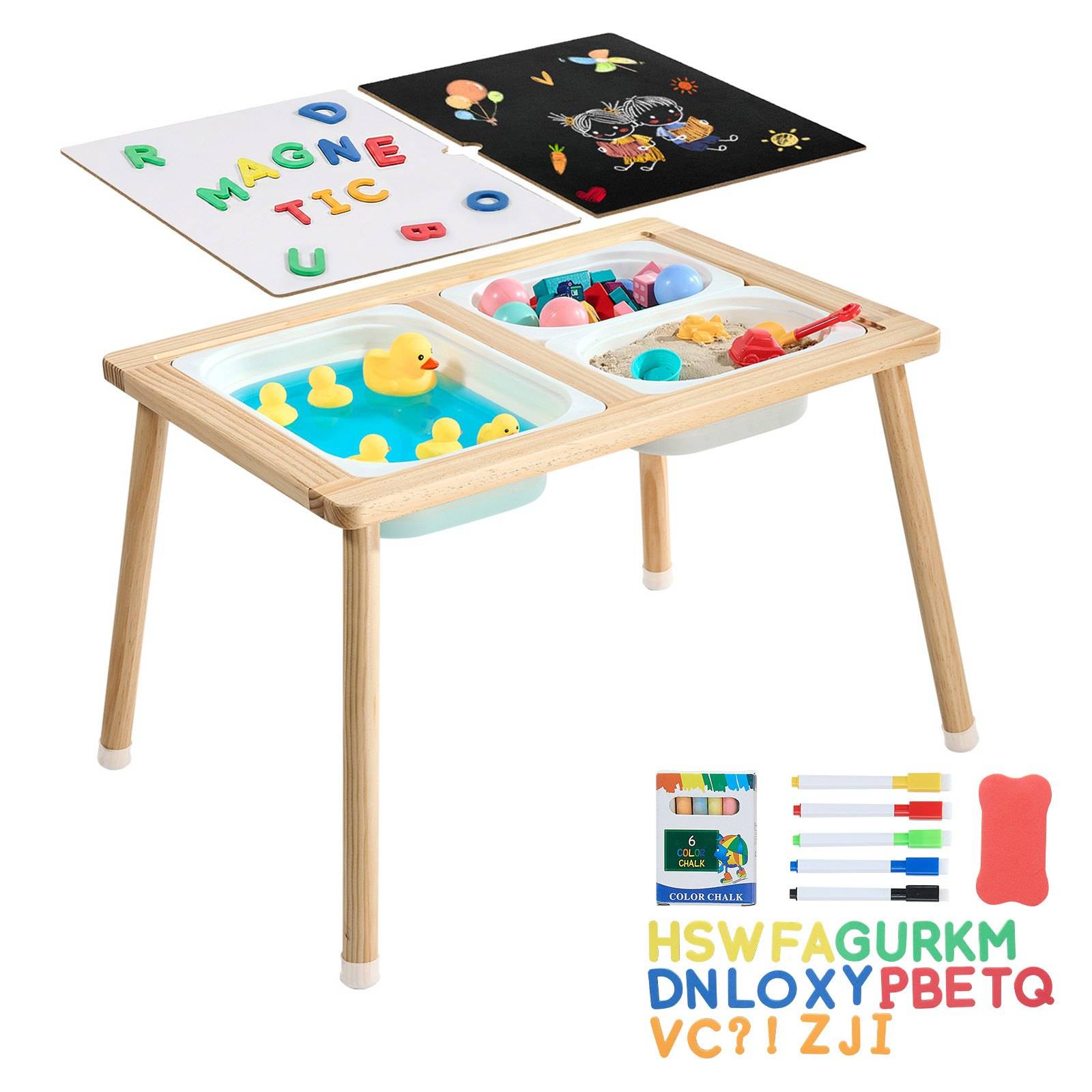 Holztisch für Kinderaktivitäten mit vier Behältern, die magnetische Buchstaben, Marker, Buntstifte und kleine Spielzeuge zum Zeichnen und Spielen enthalten.