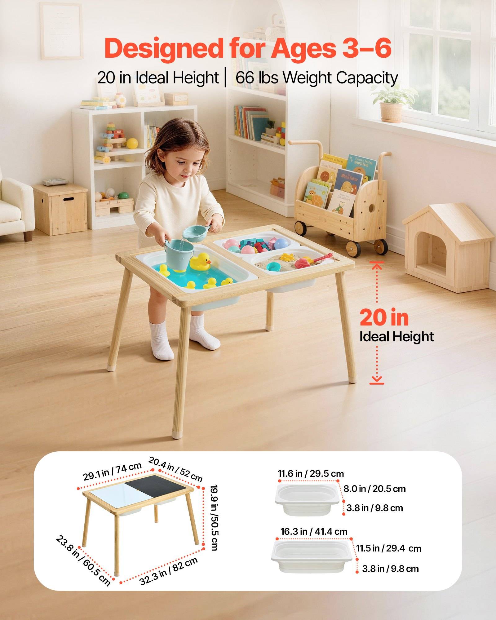 Produktpromotion mit einem Kinderspielentisch und Spielzeugbehältern, gekennzeichnet mit "Für Alter 3-6 Jahren geeignet"", ""20 Zoll ideale Höhe"" und ""66 lbs Tragfähigkeit"", mit Größenangaben unten dargestellt.