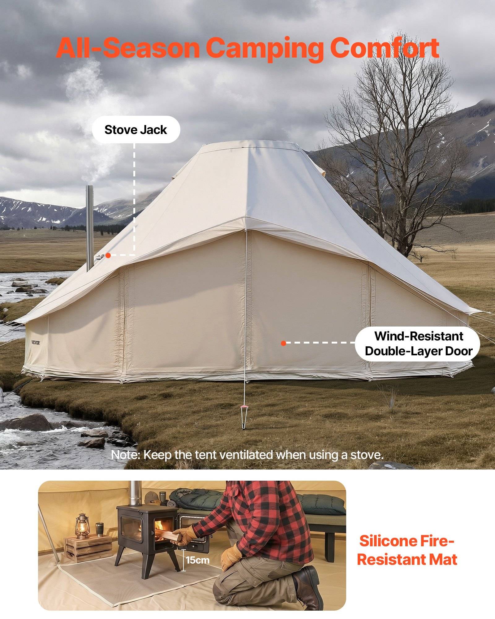 Werbe-Campinggrafik mit einem beige farbigen Allwetterzelt mit gekennzeichneten Merkmalen: Ofenöffnung, windfeste doppellagige Tür und silikonbeschichtete feuerbeständige Matte.