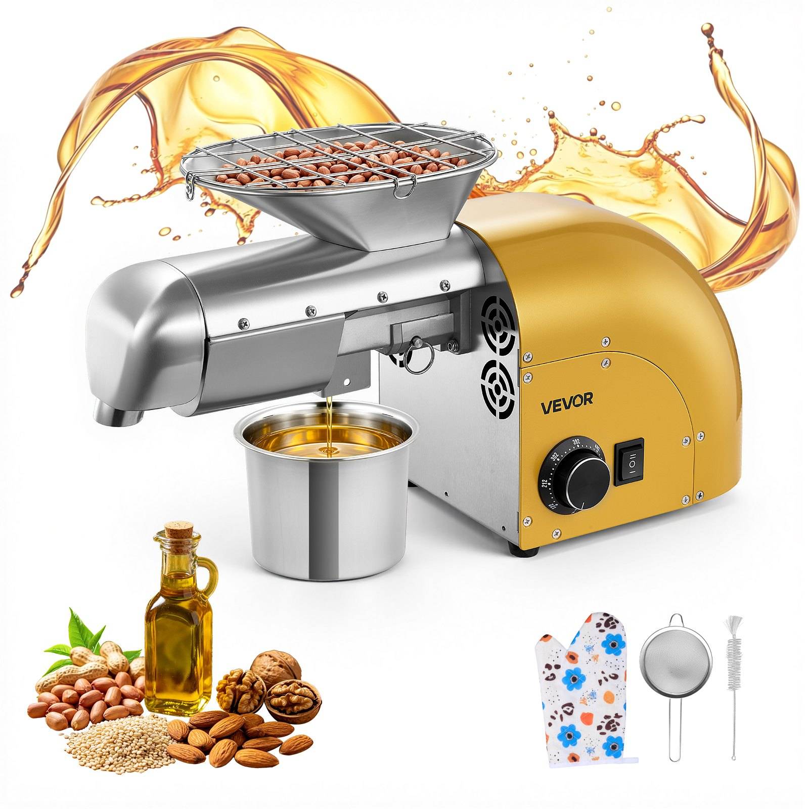 VEVOR Elektrische Ölpresse 5 kg/h, Ölmühle 1250 W, Automatische Ölpressmaschine mit Heiß- und Kaltpressung & Reinigungsbürste, Ölmaschine für