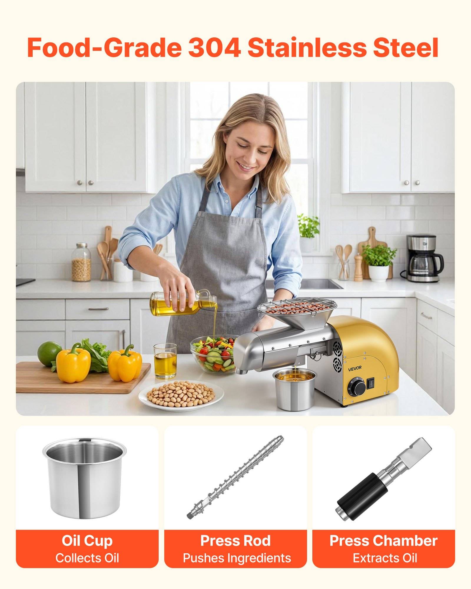 VEVOR Elektrische Ölpresse 5 kg/h, Ölmühle 1250 W, Automatische Ölpressmaschine mit Heiß- und Kaltpressung &amp; Reinigungsbürste, Ölmaschine für