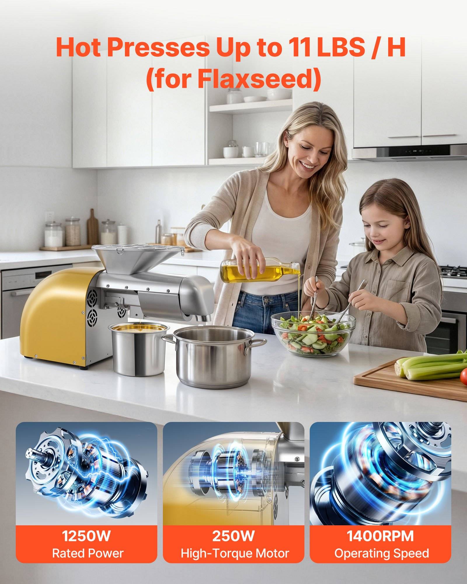 VEVOR Elektrische Ölpresse 5 kg/h, Ölmühle 1250 W, Automatische Ölpressmaschine mit Heiß- und Kaltpressung &amp; Reinigungsbürste, Ölmaschine für