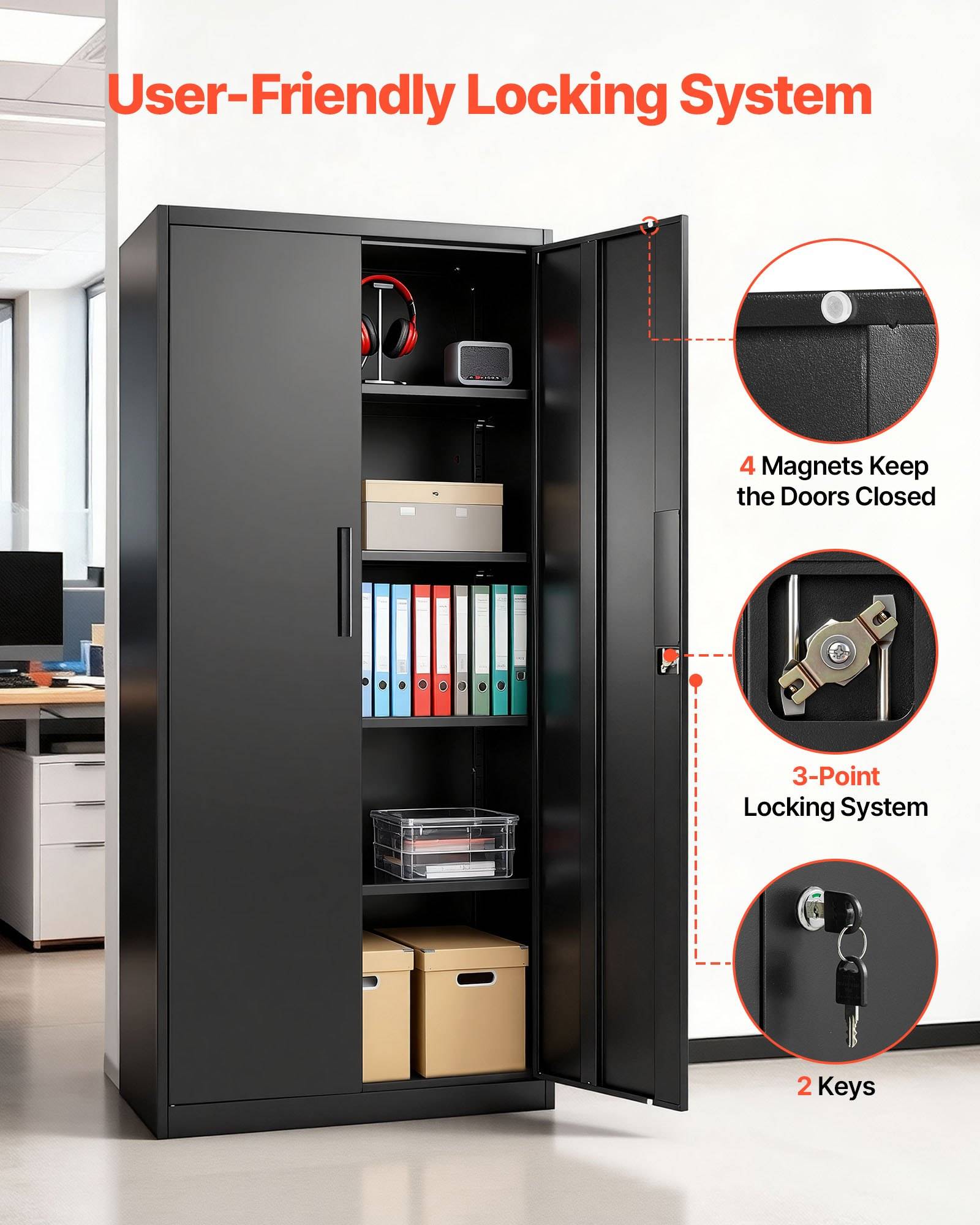 VEVOR Aktenschrank 80x40x175 cm, Abschließbarer Stahl-Mehrzweckschrank mit 4 verstellbaren Einlegeböden, 2 Magnettüren, 2 Schlüsseln &amp; 5 Ebenen,