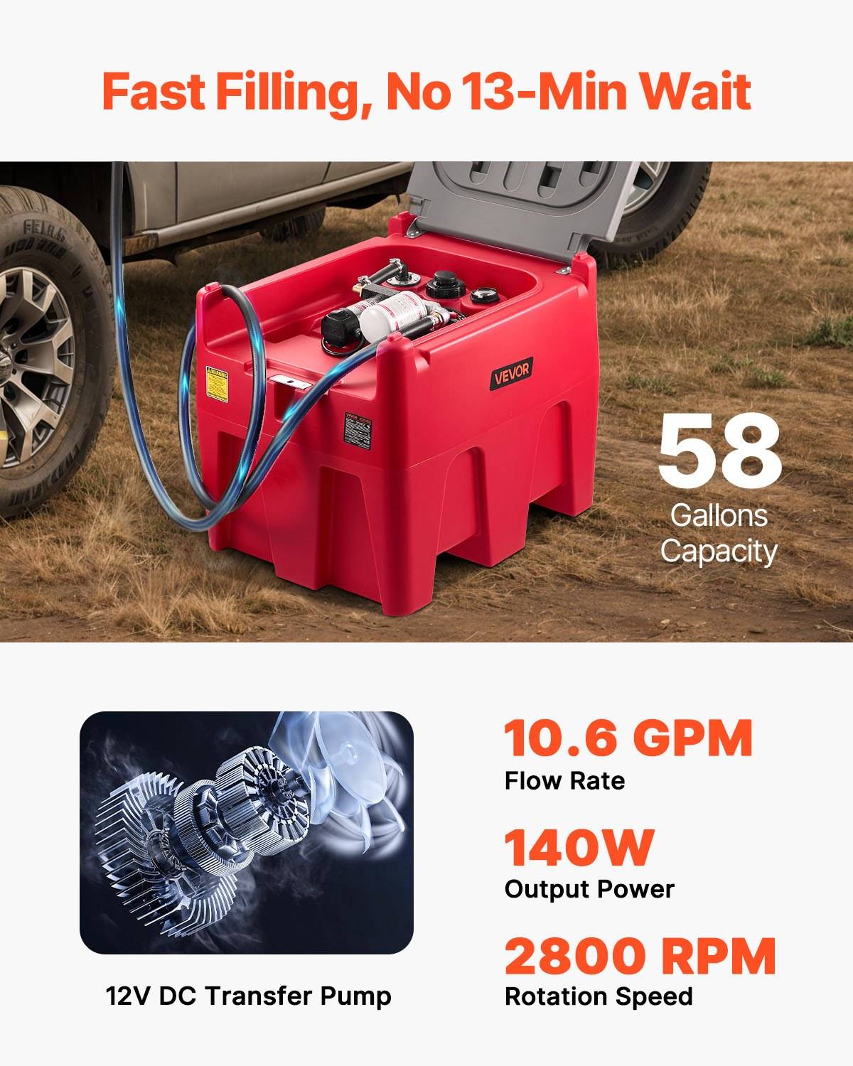 VEVOR Tragbarer Dieseltank, 220 L Fassungsvermögen & 48L/min Durchflussrate, Gaskraftstofftank mit 12 V Transferpumpe & 4 m Gummischlauch