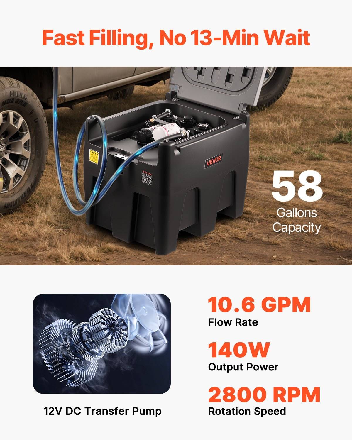 VEVOR Tragbarer Dieseltank, 220 L Fassungsvermögen & 48L/min Durchflussrate, Gaskraftstofftank mit 12 V Transferpumpe & 4 m Gummischlauch