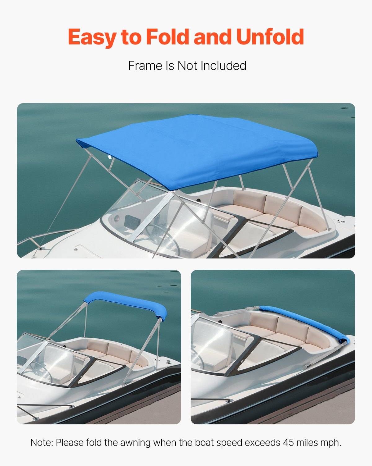 Drei Fotos zeigen ein blaues Klappdach-Bimini für ein Schnellboot, offen und gefaltet; der Text vermerkt „Rahmen nicht enthalten" und weist darauf hin, das Verdeck bei über 45 km/h hochzufahren.