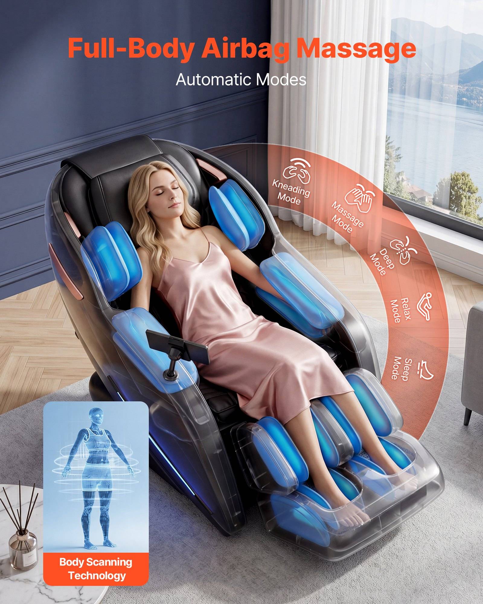 VEVOR Massagesessel, 3D-Zero-Gravity-Relaxsessel mit Ausziehbarer Fußstütze, Automatikprogrammen, Airbags, Heizfunktion für Taille &amp; Beine, Bluetoo