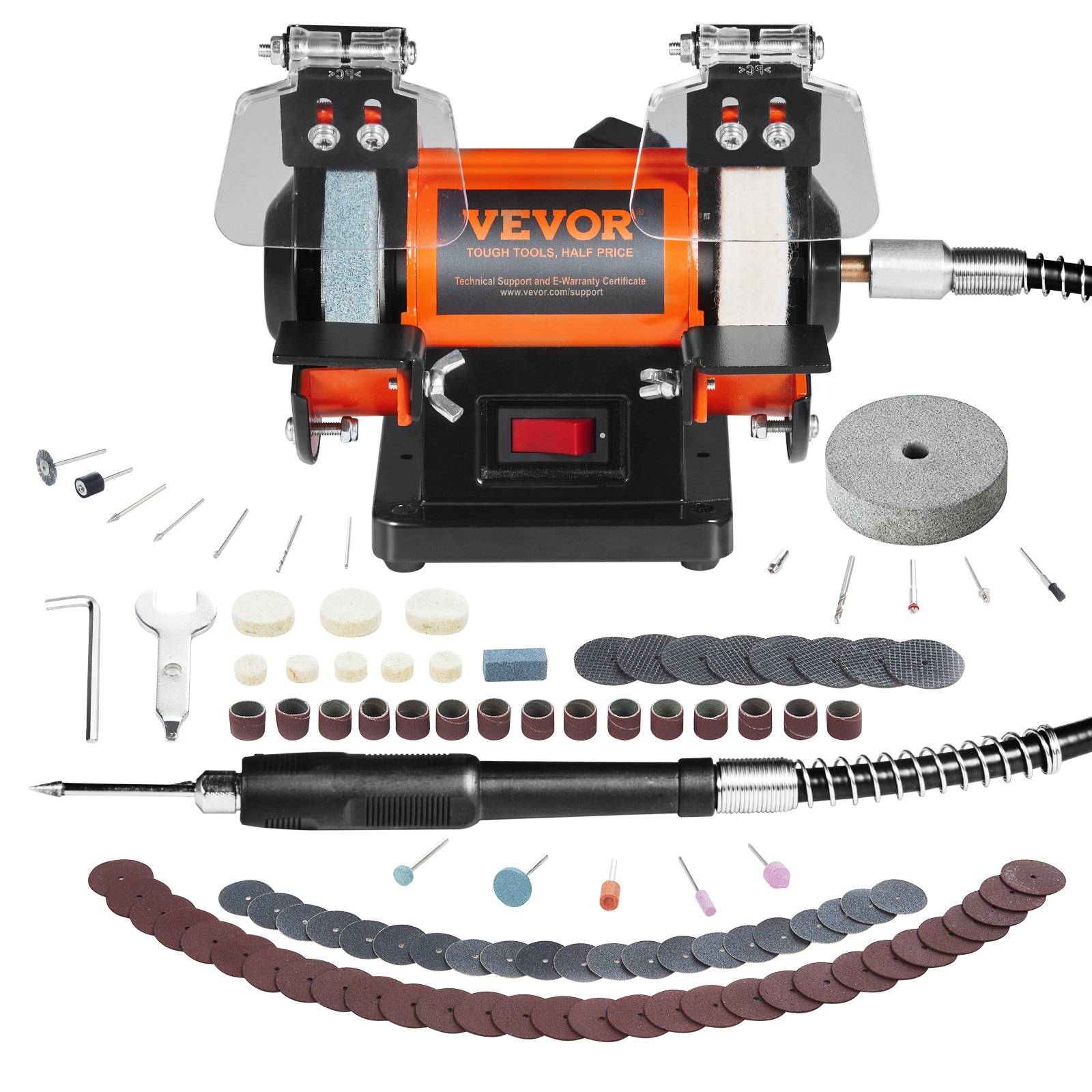 Benchtop VEVOR Doppelschleif-/Poliermaschine mit Zubehör: Schleifsteine, Schleifscheiben, Bits, Schraubenschlüssel und Werkzeuge.