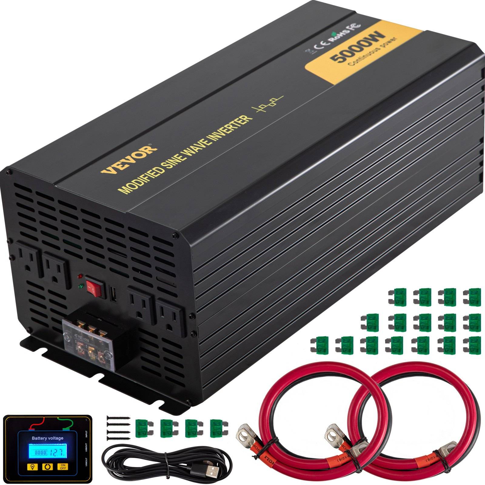 VEVOR 5000W modifizierter Sinuswellen-Stromwechselrichter mit Display, AC-Steckdosen, Verkabelung, Sicherungen und Batteriekabeln im Lieferumfang enthalten.