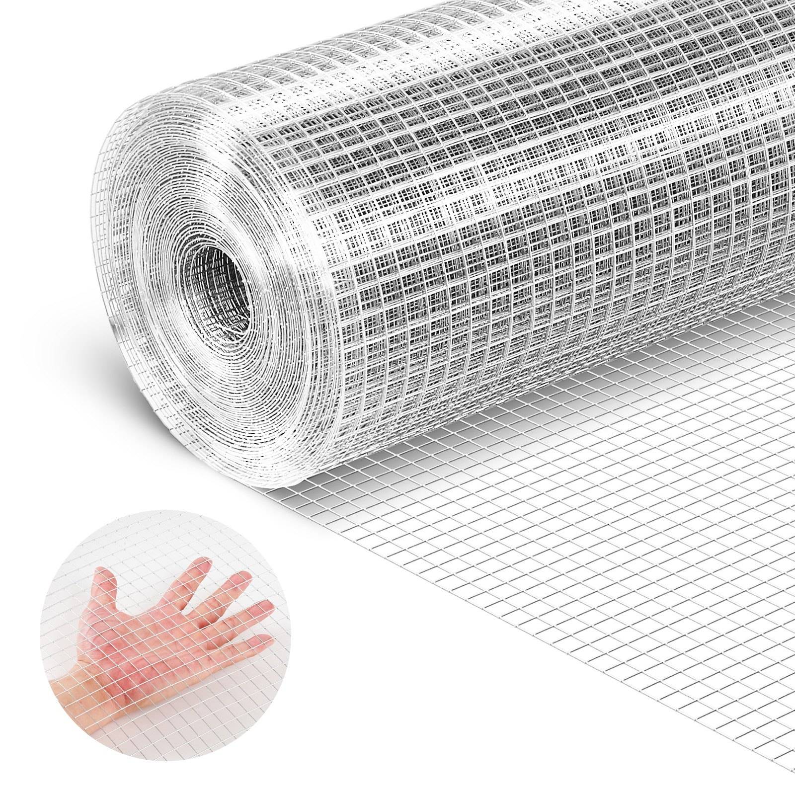 Rolle aus weißem Fiberglas-Gittergewebe oder Siebmaterial, das sich über eine Oberfläche abrollt, mit einer Hand, die in einem eingefügten Kreis durch das Gittergewebe sichtbar ist.
