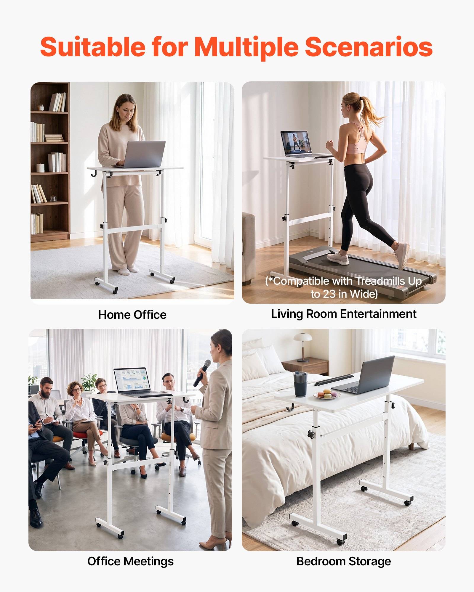 Vierpanel-Produktbild mit dem Titel „Geeignet für mehrere Szenarien" zeigt einen mobilen Stehschreibtisch, der im Homeoffice, auf dem Laufband, bei Bürobesprechungen und zur Schlafzimmeraufbewahrung verwendet wird.