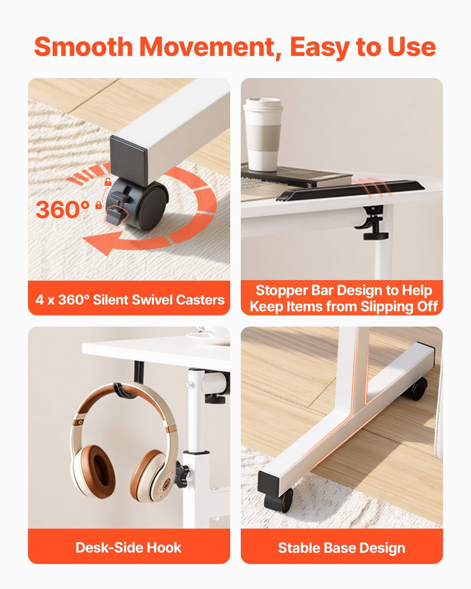 Werbegrafik für ein Schreibtischzubehör mit "Sanfte Bewegung, Einfach zu bedienen"" mit 4 x 360° lautlose Drehrollern, Stoppschiene, Schreibtisch-Seitenhaken und stabilem Basisdesign.