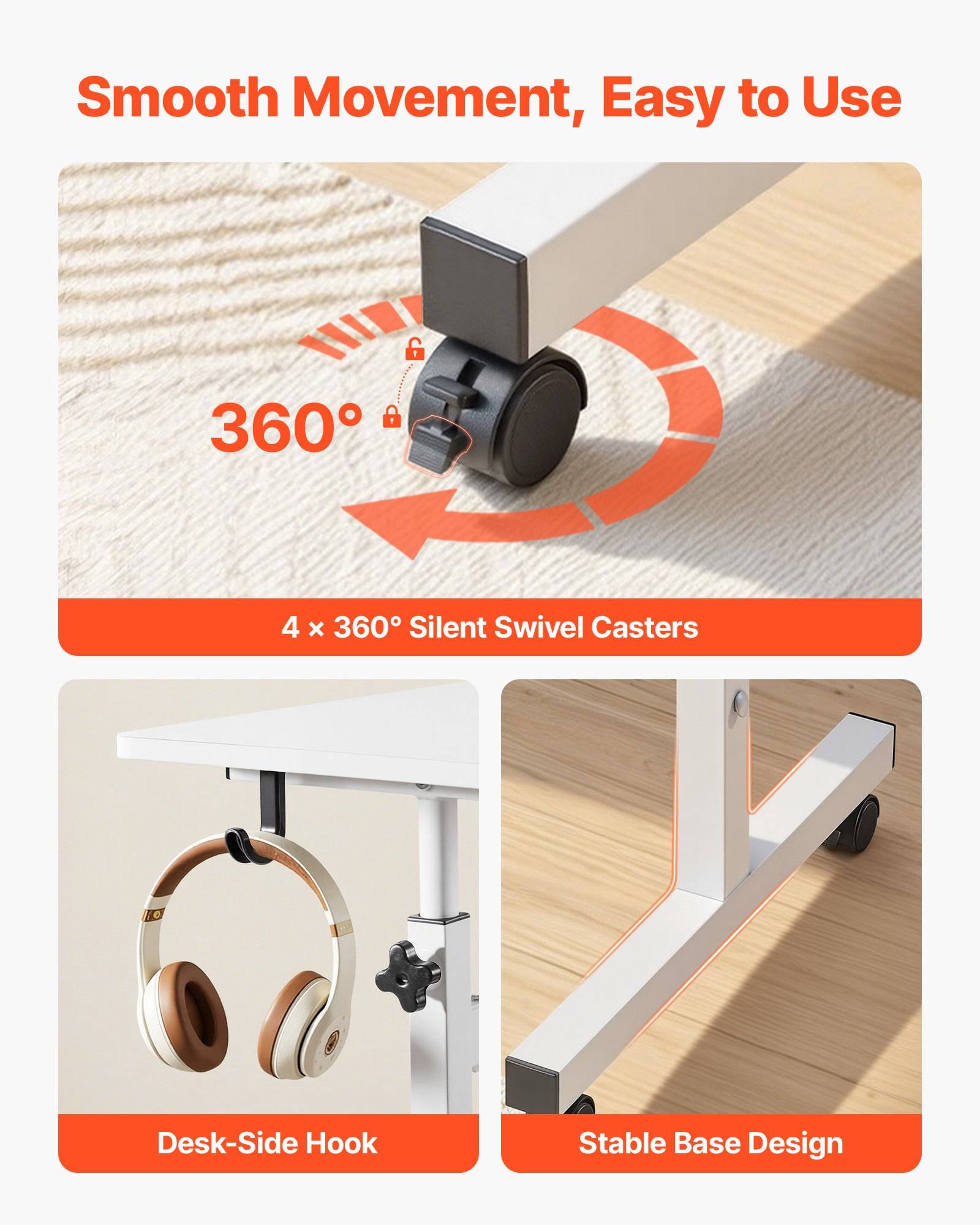 VEVOR Höhenverstellbarer Schreibtisch 700-1115mm, 25kg Belastbarer Computertisch mit 810x410mm Tischplatte, Bürotisch mit Feststellbaren Rollen &amp; Ha