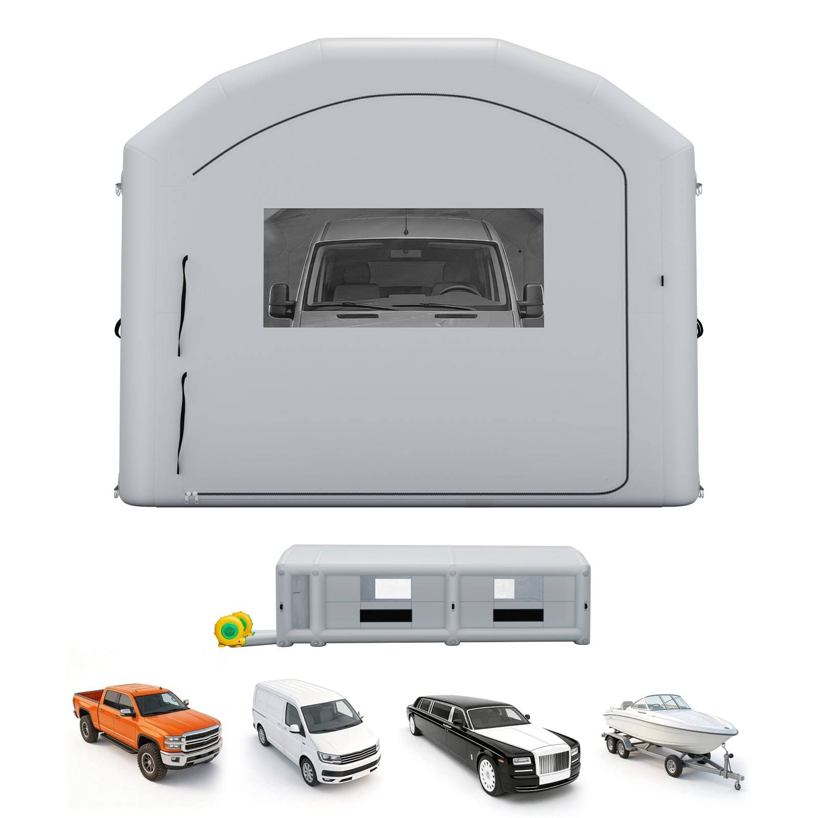 Aufblasbares graues Fahrzeugschutzrohr oder Garage mit einem Fenster, das ein Auto im Inneren zeigt, plus eine Gebläseeinheit und Beispiele kompatibler Fahrzeuge darunter.