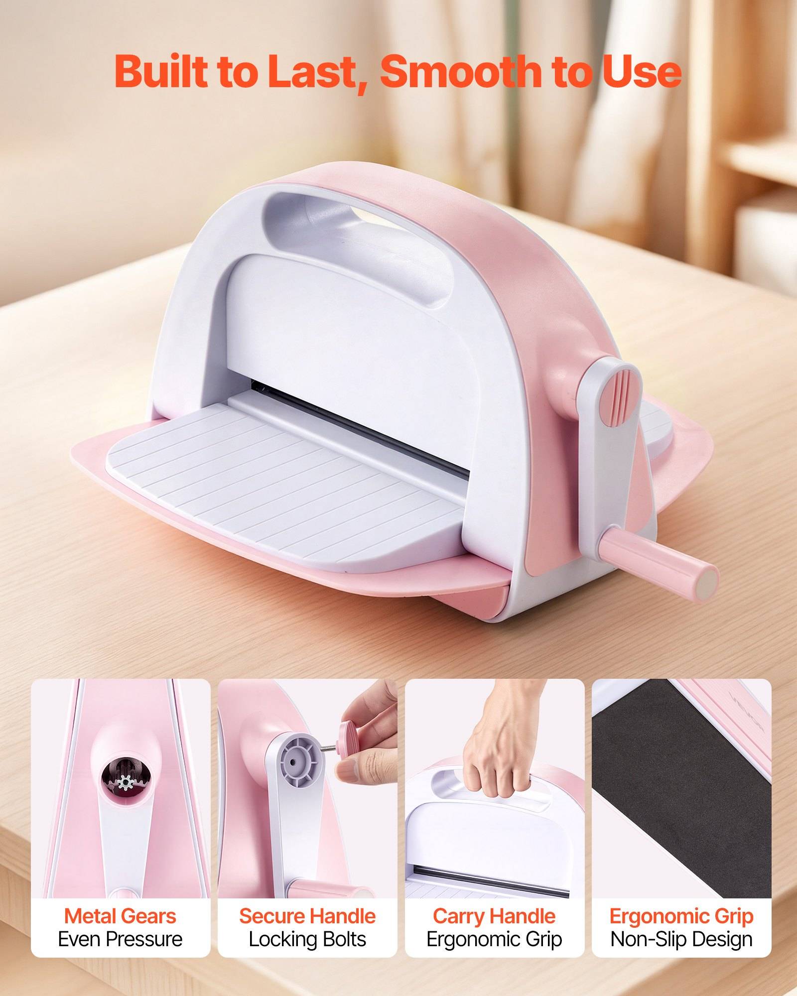 Rosa und weißer manueller Papierlochstanzer auf einem Schreibtisch, mit detaillierten Beschriftungen der Metallzahnräder, des sicheren Griffs, des Transportgriffs und der rutschfesten Griffoberfläche.