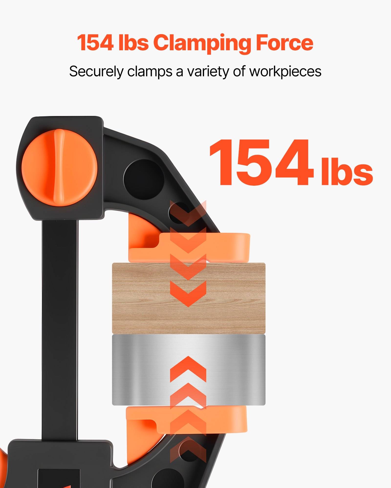 Illustration einer Schraubzwinge, die eine Spannkraft von 154 Pfund auf ein Holz- und Metallwerkstück ausübt, um es sicher zu halten.