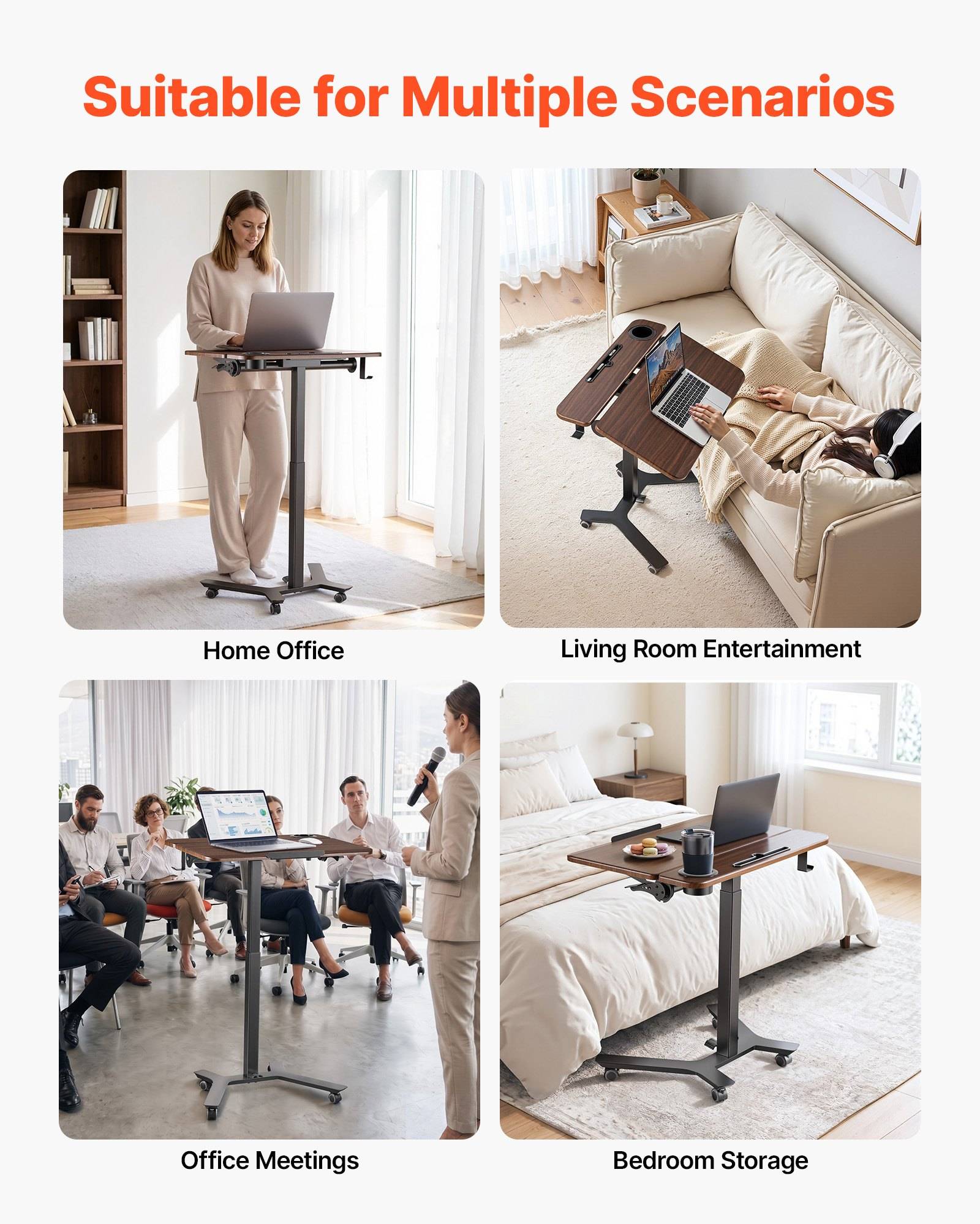 Vierfeld-Produktkollage mit dem Titel „Geeignet für mehrere Szenarien", die einen mobilen verstellbaren Laptop-Tisch zeigt, der in einem Homeoffice, Wohnzimmer, Bürokonferenz und Schlafzimmer verwendet wird.
