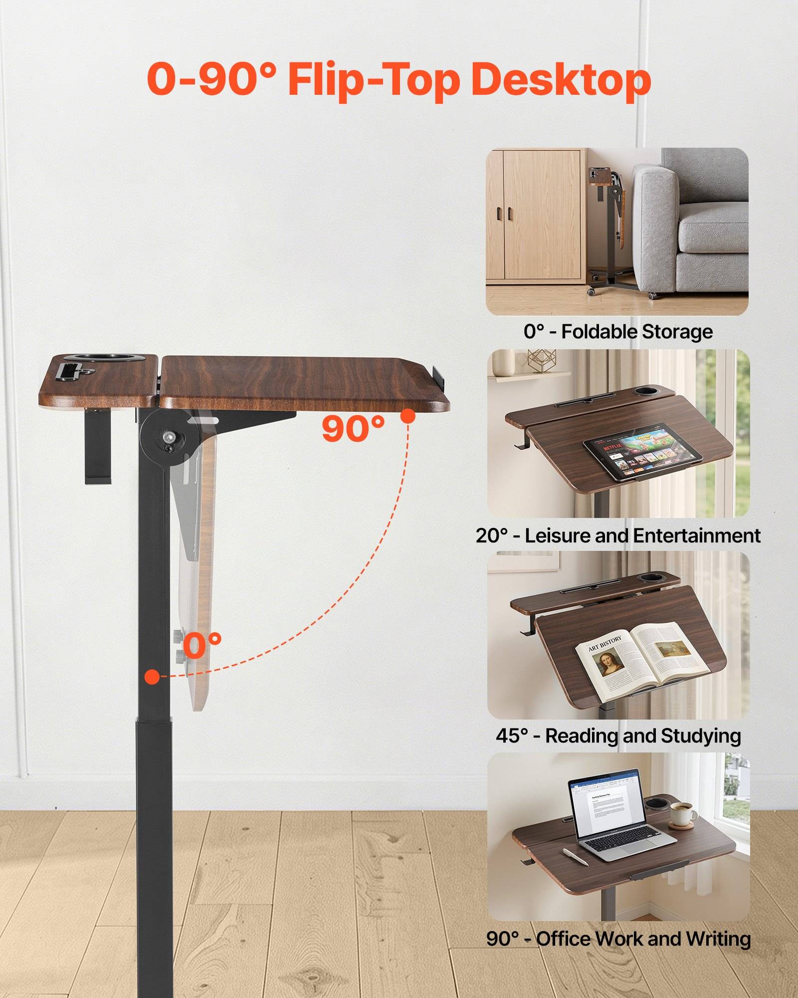 Produktgrafik eines „0–90° Flip-Top Desktop" mit einer Faltseitentabelle, die sich von 0° Lagerung bis 90° Verwendung neigt, mit Beispielen für Unterhaltung, Lesevergnügen und Büroarbeit.