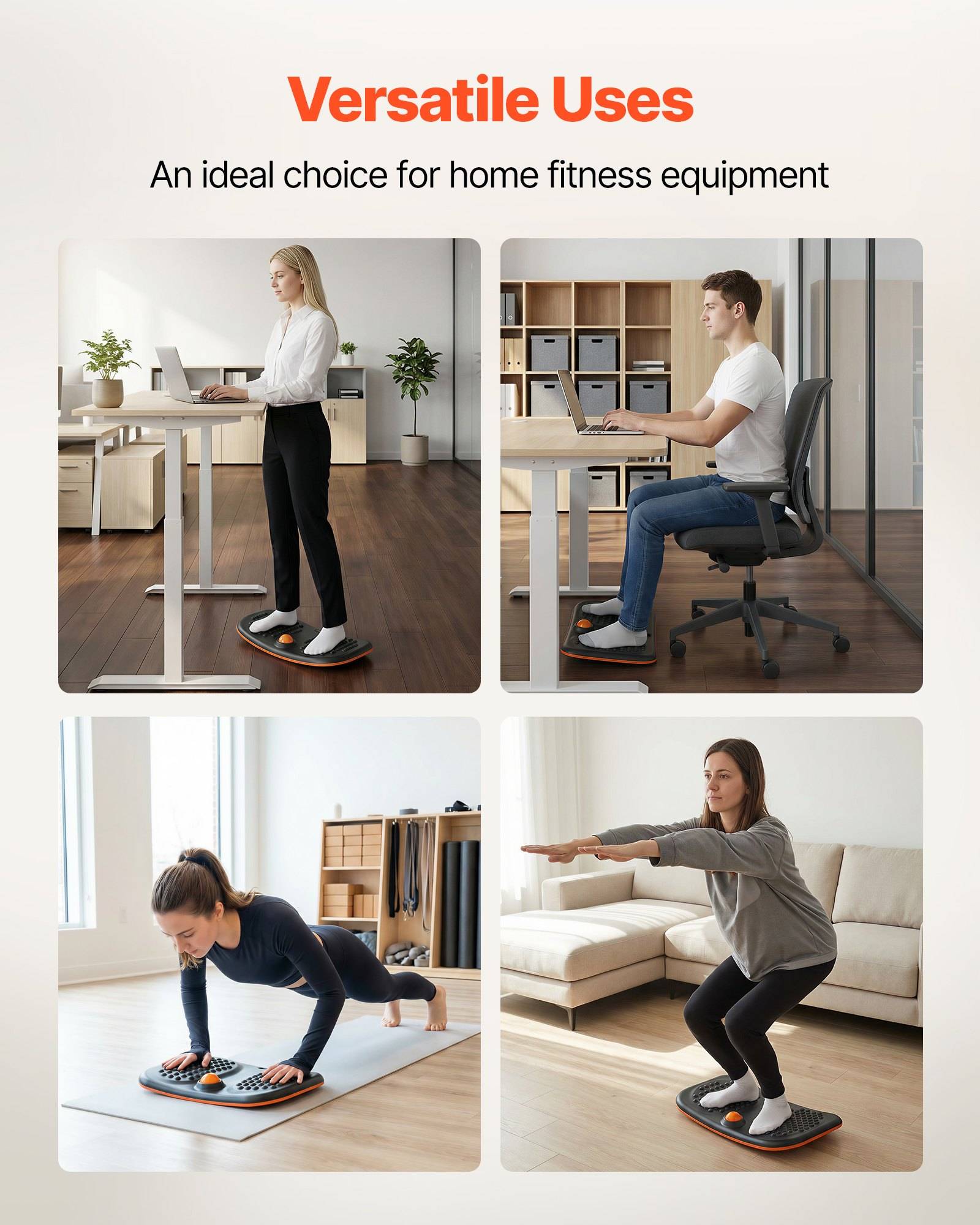 Collage mit dem Titel „Vielseitige Verwendungsmöglichkeiten" zeigt vier Personen, die ein Balanceboard an einem Stehschreibtisch, Sitzschreibtisch, Liegestütz-Workout und Home-Kniebeugen-Übung verwenden.