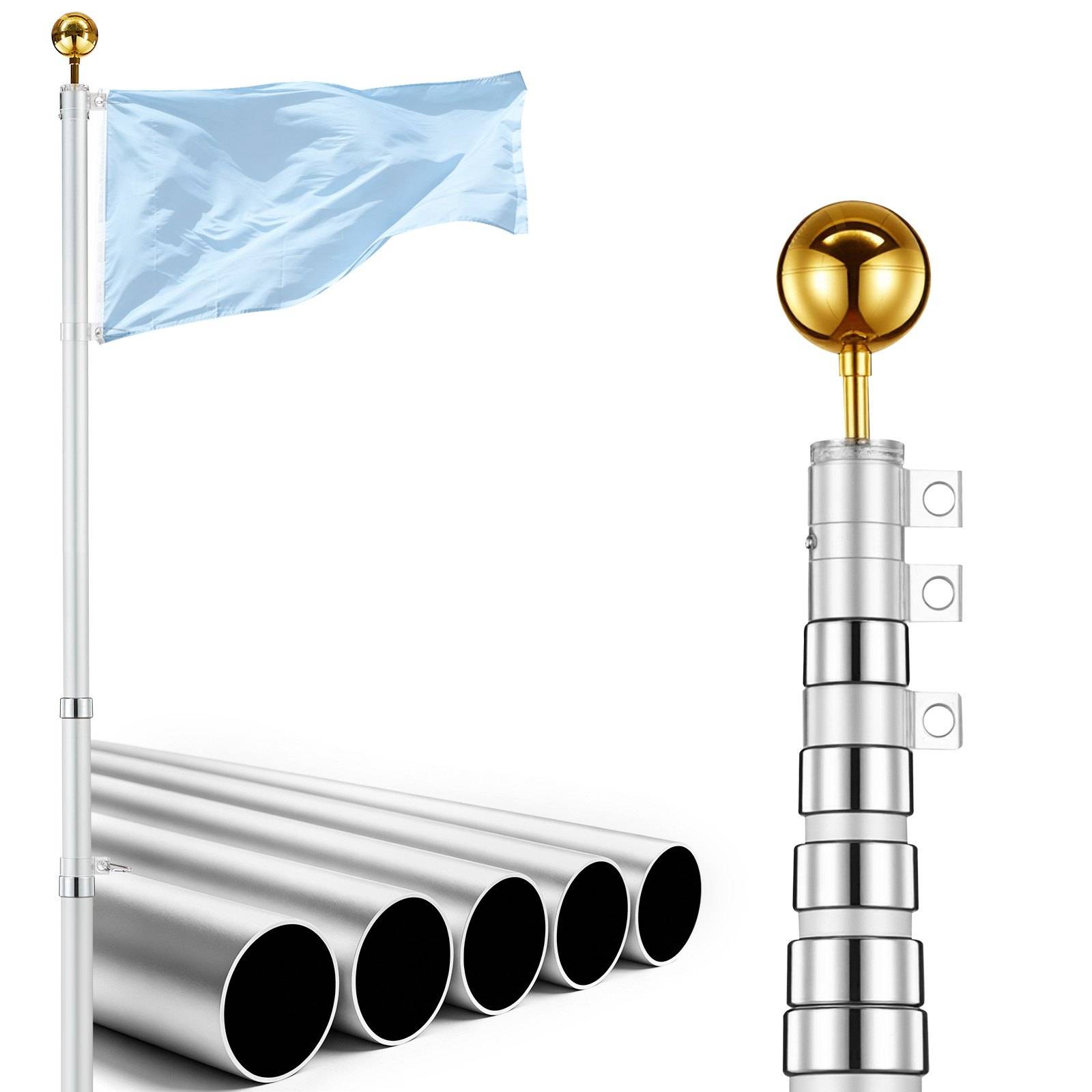 Illustration eines silbernen Flaggenmasts mit einer hellblauen Flagge neben gestapelten Metallrohren und einer goldenen Fahnenspitze, was auf Industriematerialien oder Eisenwaren hindeutet.