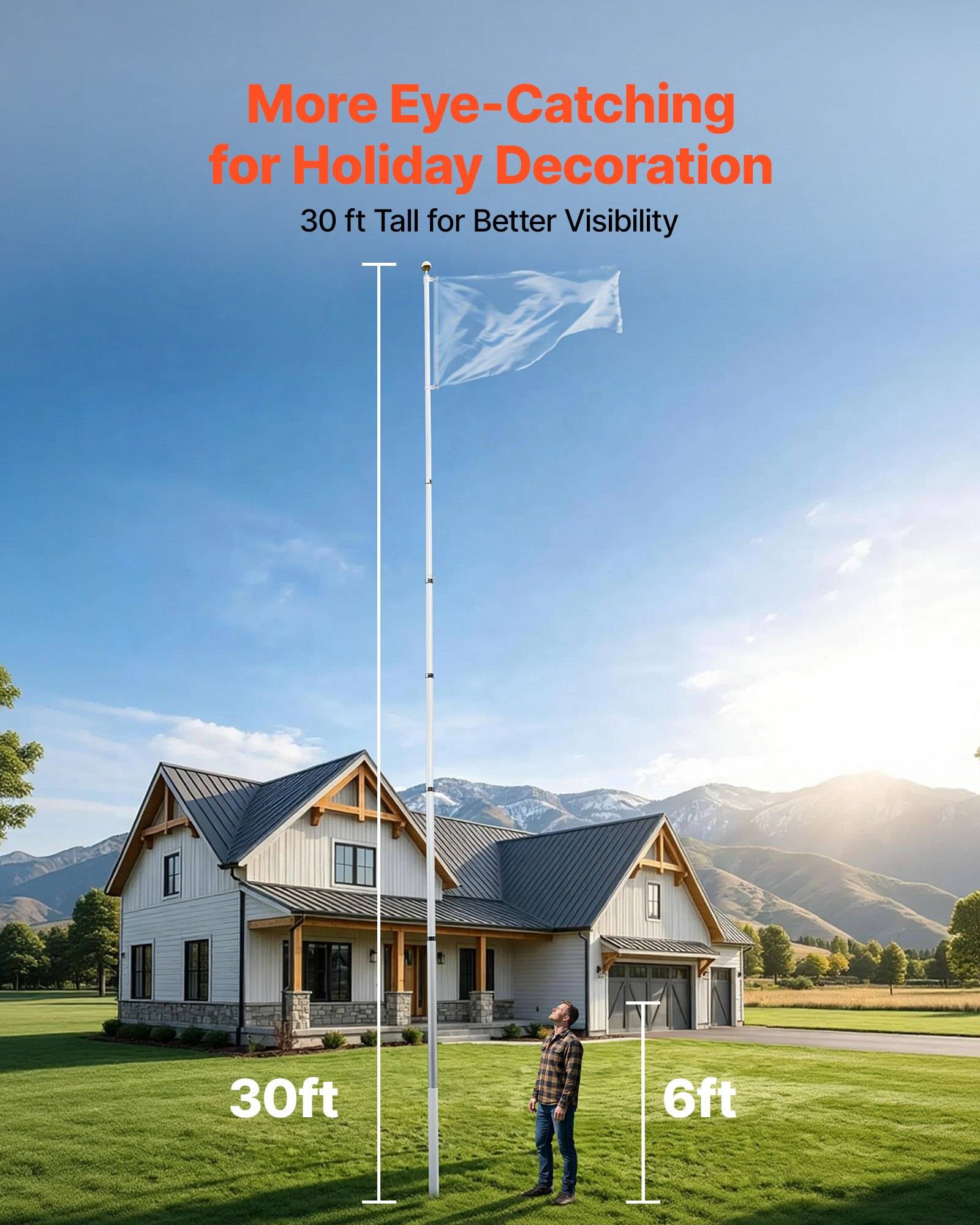 Werbegrafik zeigt eine 9 Meter hohe Flaggenstange mit einer Flagge über einem Haus und einer Person, mit Hervorhebung von „Auffälliger für Feiertagsdekoration