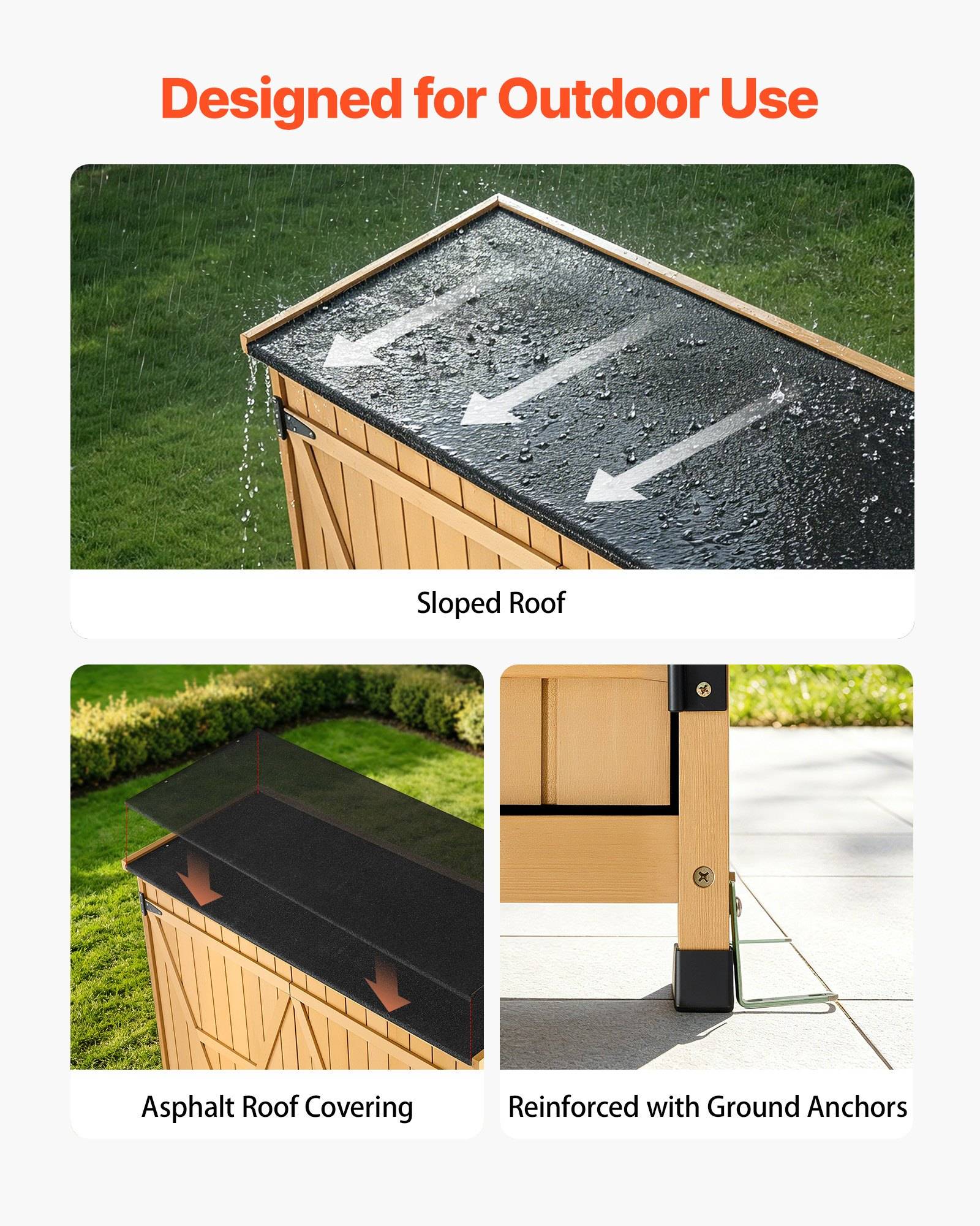Werbegrafik zeigt ein Gartenhaus für die Außennutzung mit Schrägdach, Asphaltdacheindeckung und Bodenankern für Stabilität.