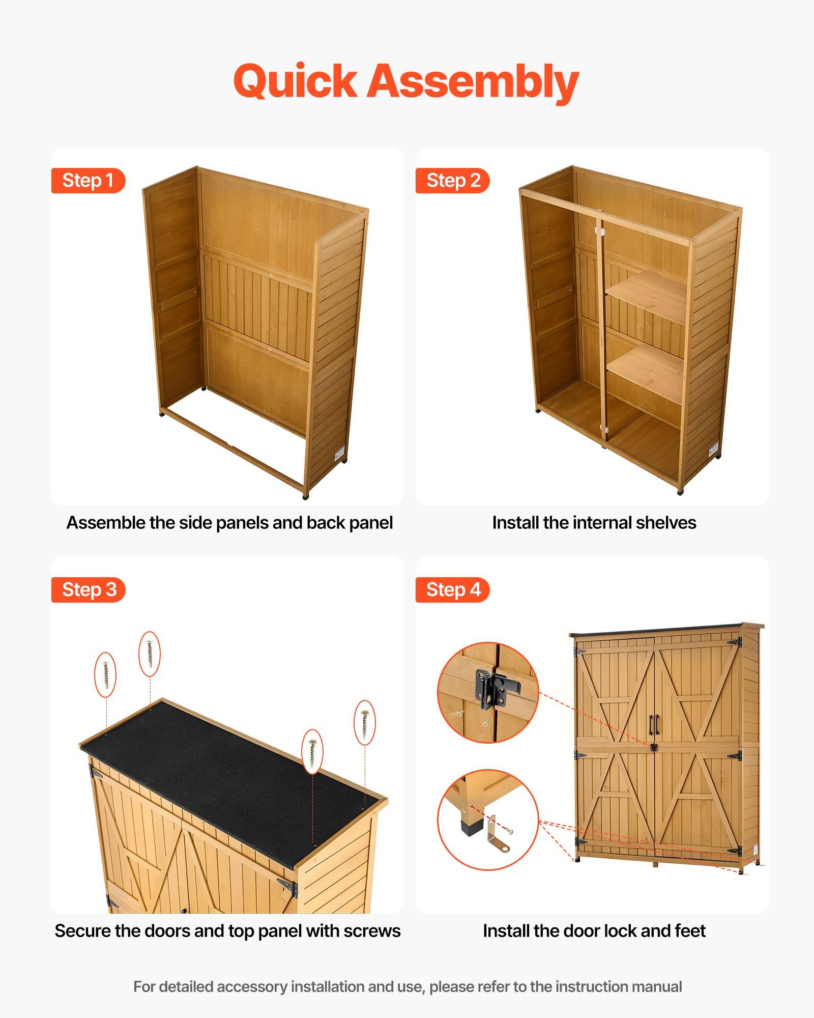 Schnelle Montageanleitung für einen Holzschrank: Schritt 1 Seiten- und Rückwandpaneele zusammenbauen; Schritt 2 innere Regale einbauen; Schritt 3 Türen und oberes Paneel mit Schrauben befestigen; Schritt 4 Türschloss und Füße installieren.