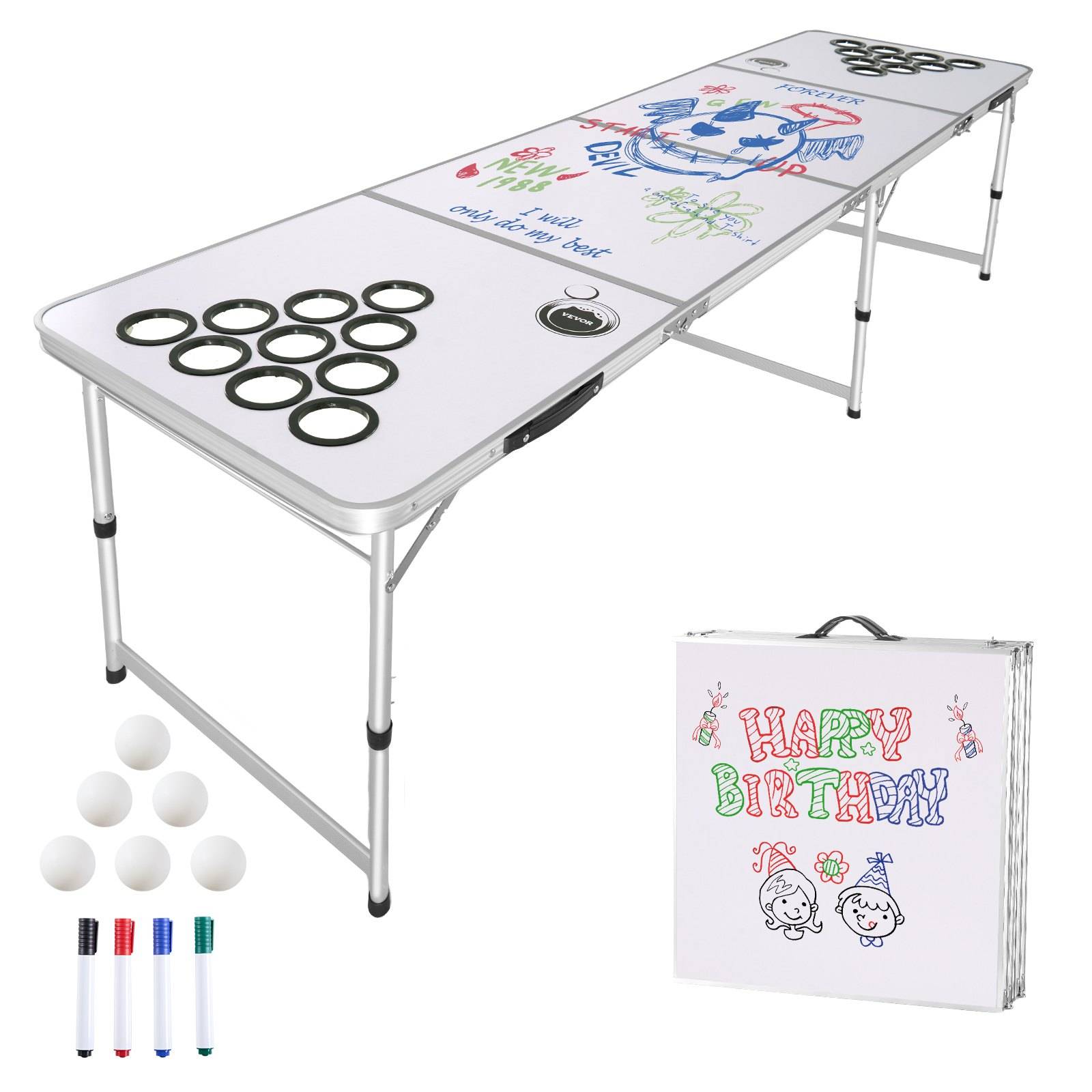 Klappbarer Geburtstagsparty-Spieltisch mit Ringwurfabständen, farbigen Markierungen, Schaumstoffbällen und einer Aufbewahrungsbox mit der Aufschrift 