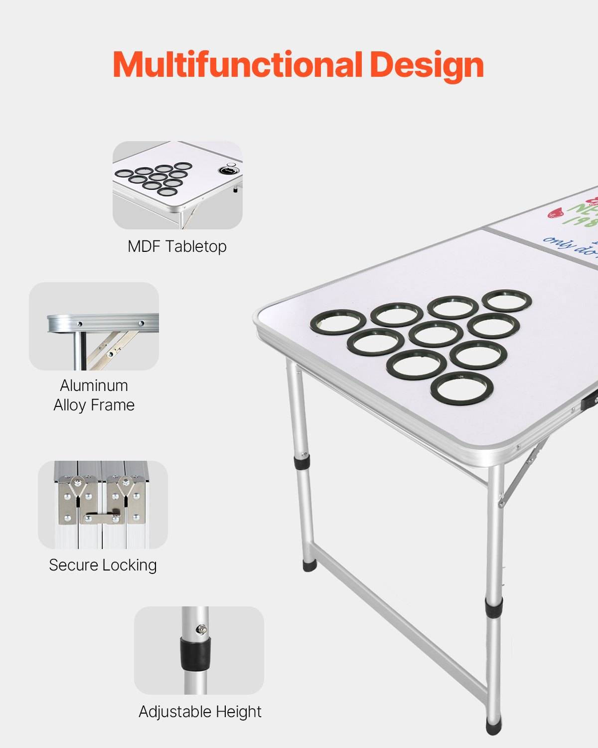 Werbebild eines Klapptisches mit der Bezeichnung „Multifunktionales Design" mit MDF-Tischplatte, Aluminium-Legierungs-Rahmen, sicherer Verriegelung und verstellbarer Höhe.