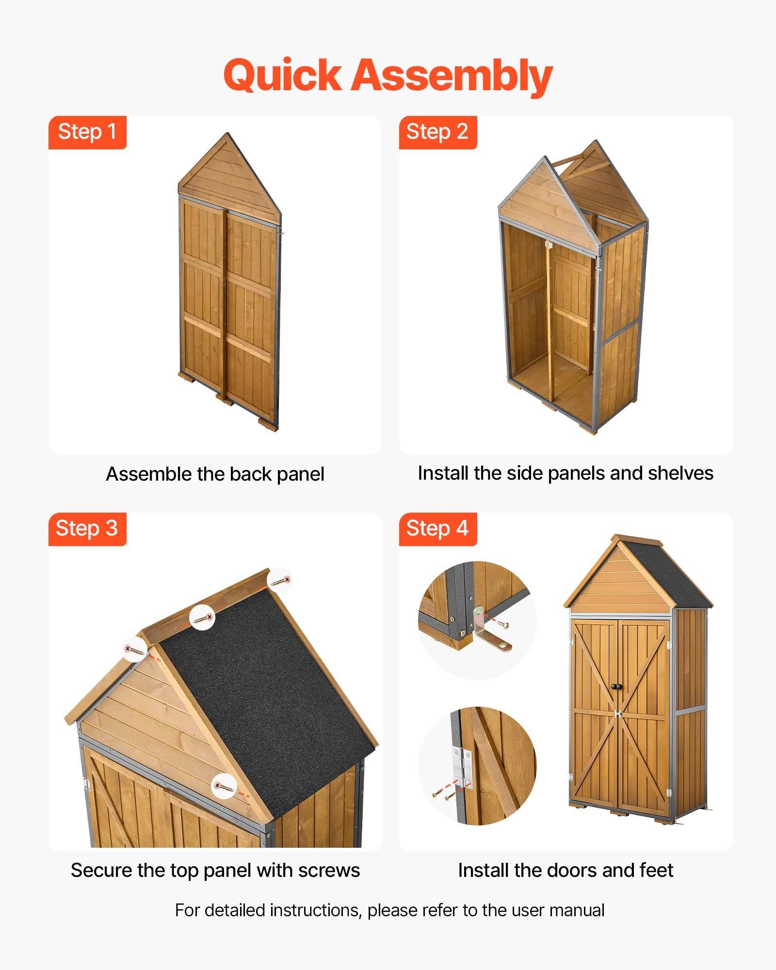 Schnellmontageanleitunf für ein Holzlagerschuppen: Schritt 1 Rückwand zusammenbauen, Schritt 2 Seitenpaneele und Regale hinzufügen, Schritt 3 Oberpanel mit Schrauben befestigen, Schritt 4 Türen und Füße installieren.