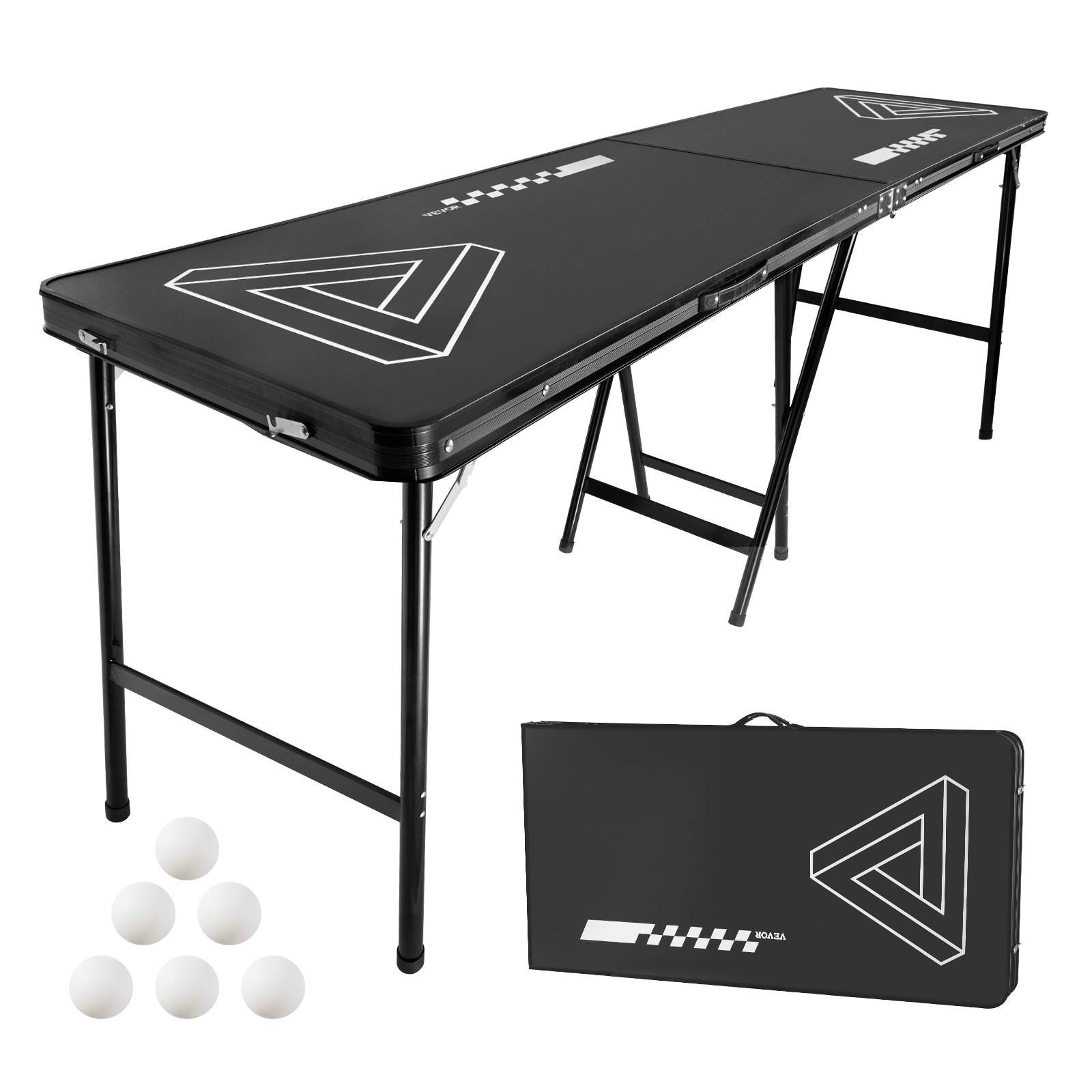 Schwarzer faltbarer Tisch für Tischspiele mit gedrucktem geometrischem Logo, geöffnet mit drei weißen Kugeln und zusammengeklappt in einer Transporttasche.